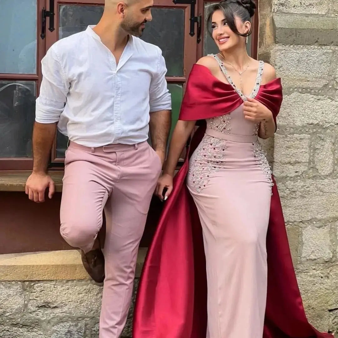 princess polly baby blue dress Luxury Pink Mermaid Evening Dress with Burgundy Cape SS446