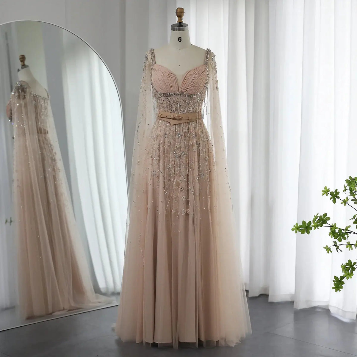 Champagne Tassel Slit Evening Dress with Cape Sleeves SS376 Champagne Tassel Slit Evening Dress with Cape Sleeves SS376