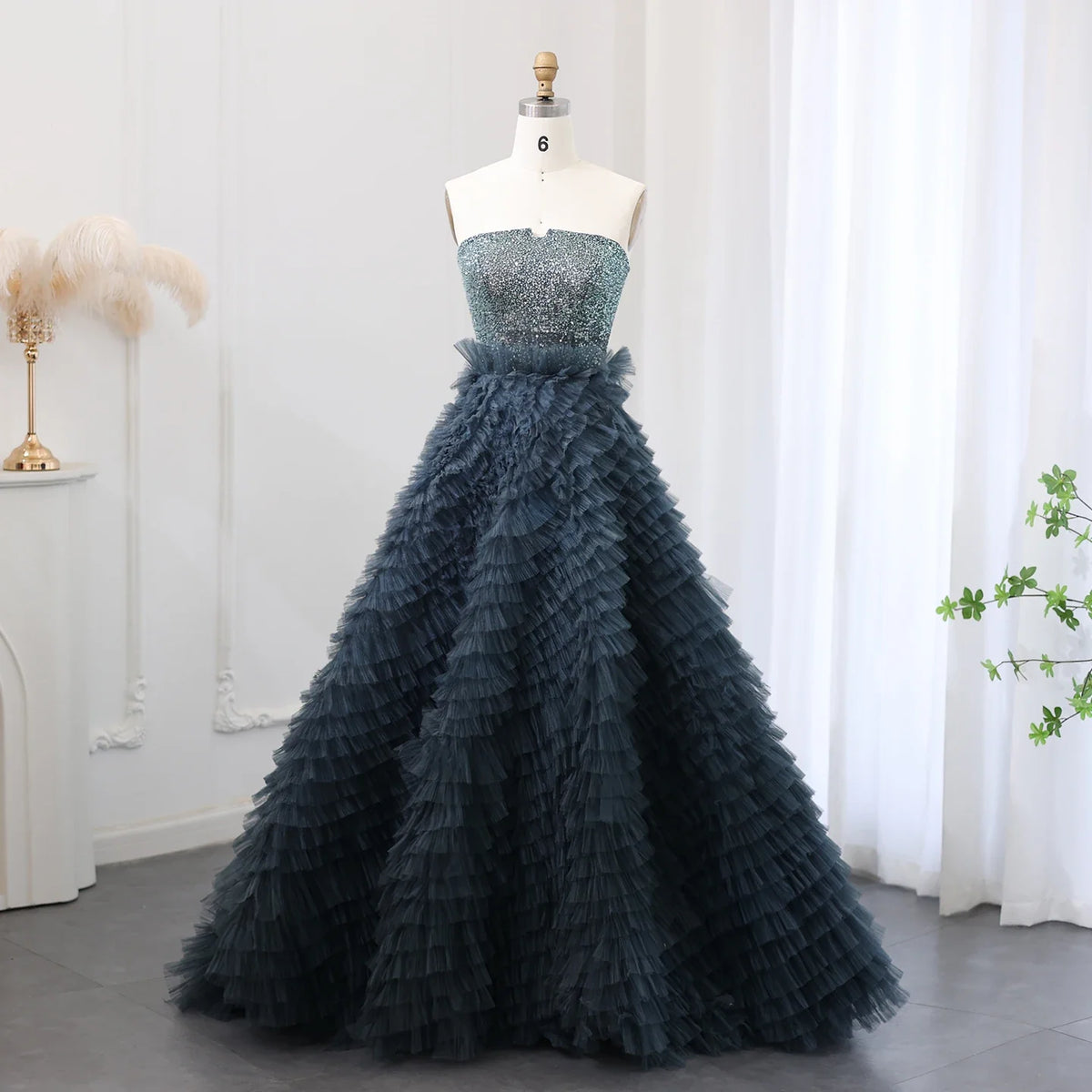 Sharon Said Luxury Beaded Blue Ball Gown Evening Dress 2024 Elegant Strapless Ruffles Sweet Girls Birthday Party Dresses SS503