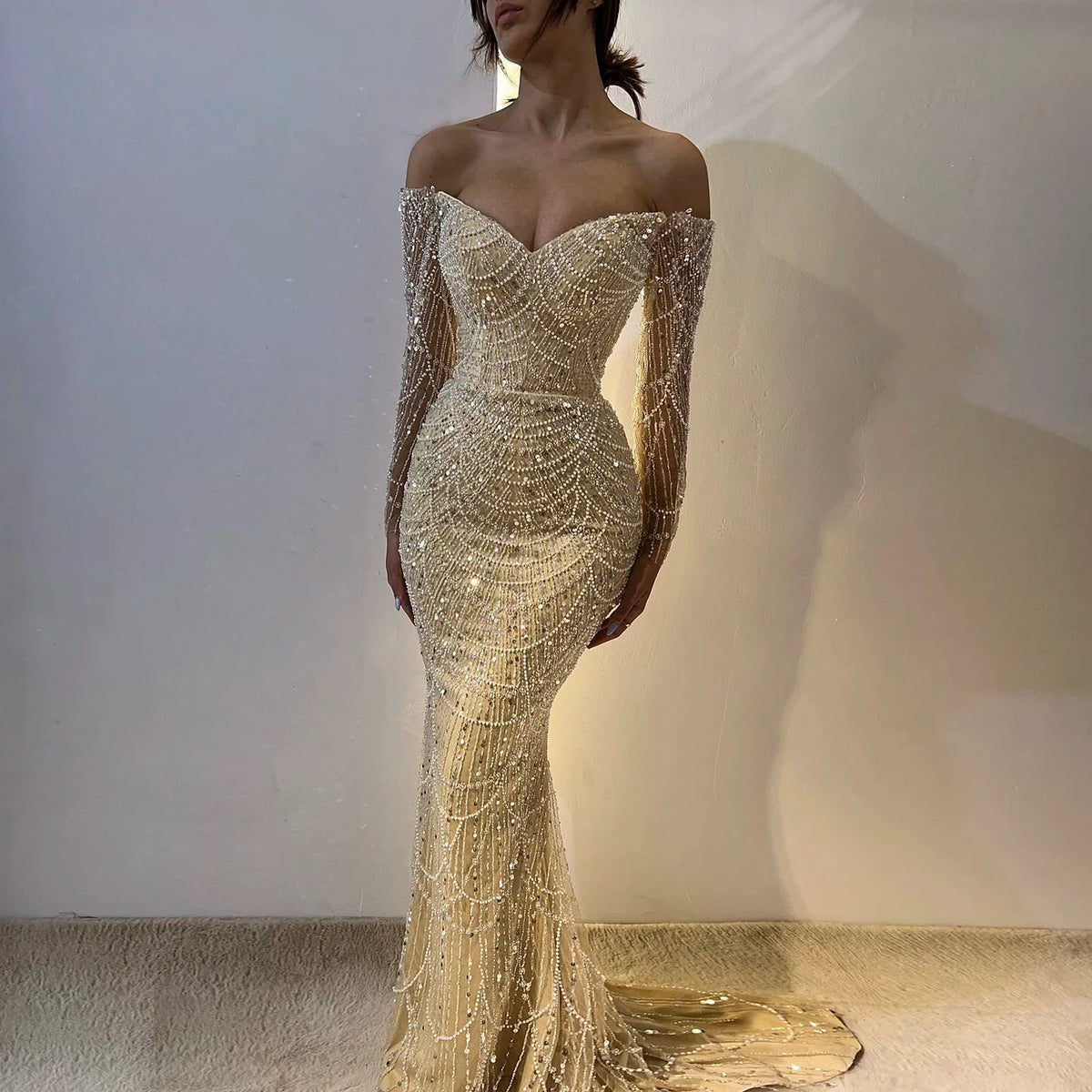 Sharon Said Elegantes schulterfreies Meerjungfrau-Luxus-Abendkleid aus Dubai 2024 für Frauen, Hochzeits- und Partykleider mit langen Ärmeln SS309