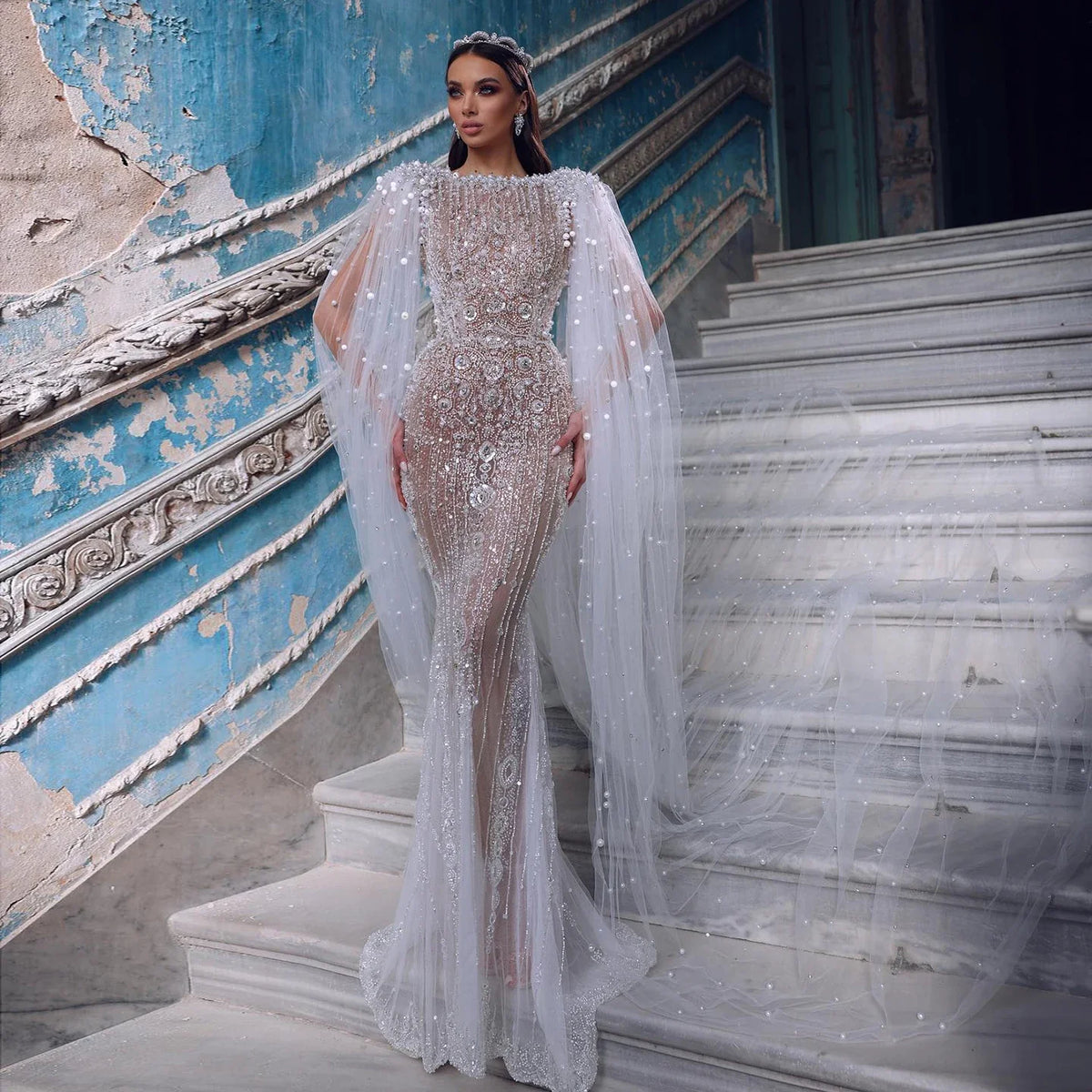 Sharon Said Luxus Dubai Weiß Nude Meerjungfrau Abendkleid mit Cape-Ärmeln für Frauen Hochzeit Arabische Braut Party Kleider SS458