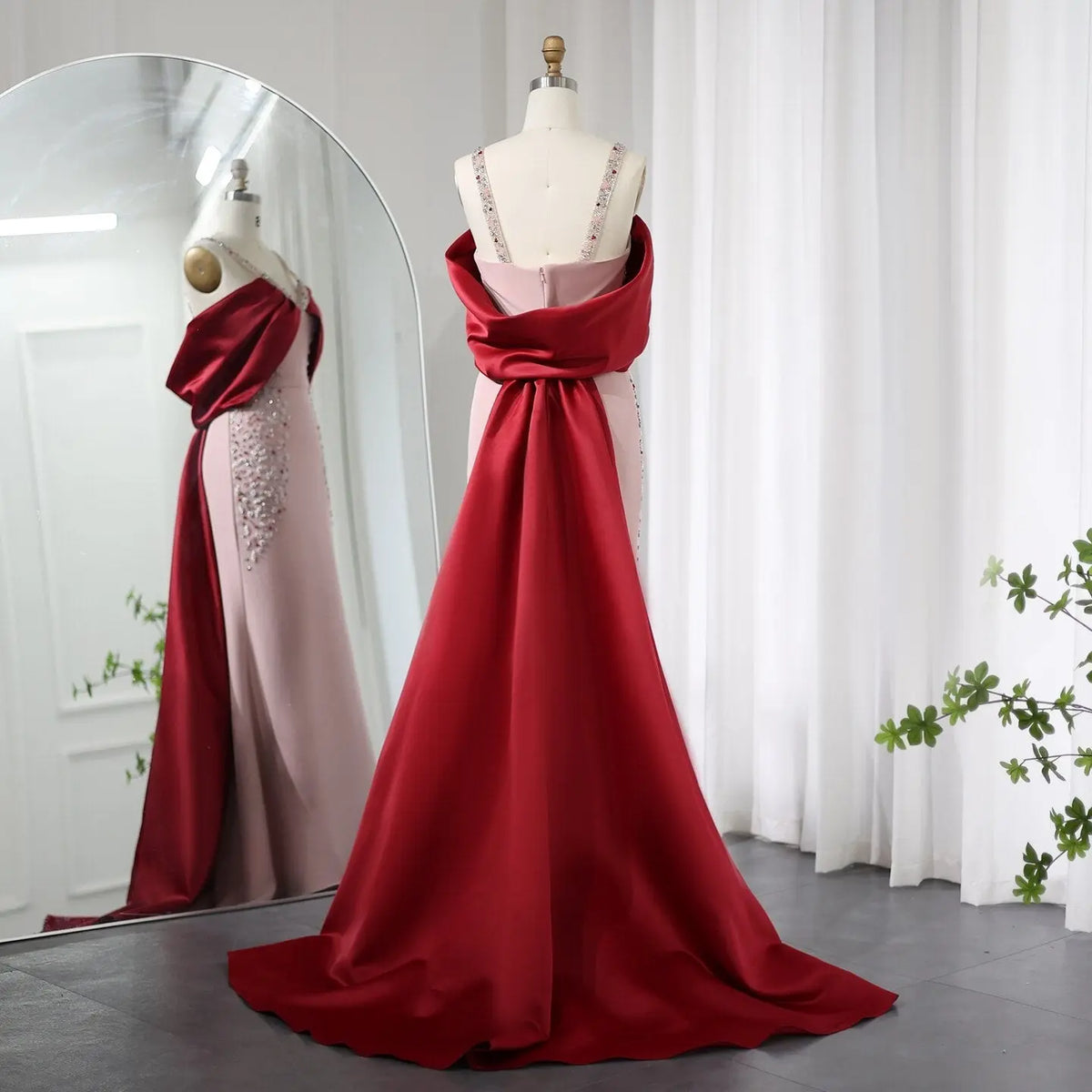 Luxury Pink Mermaid Evening Dress with Burgundy Cape SS446 - SHARONSAID Luxury Pink Mermaid Evening Dress with Burgundy Cape SS446 - SHARONSAID