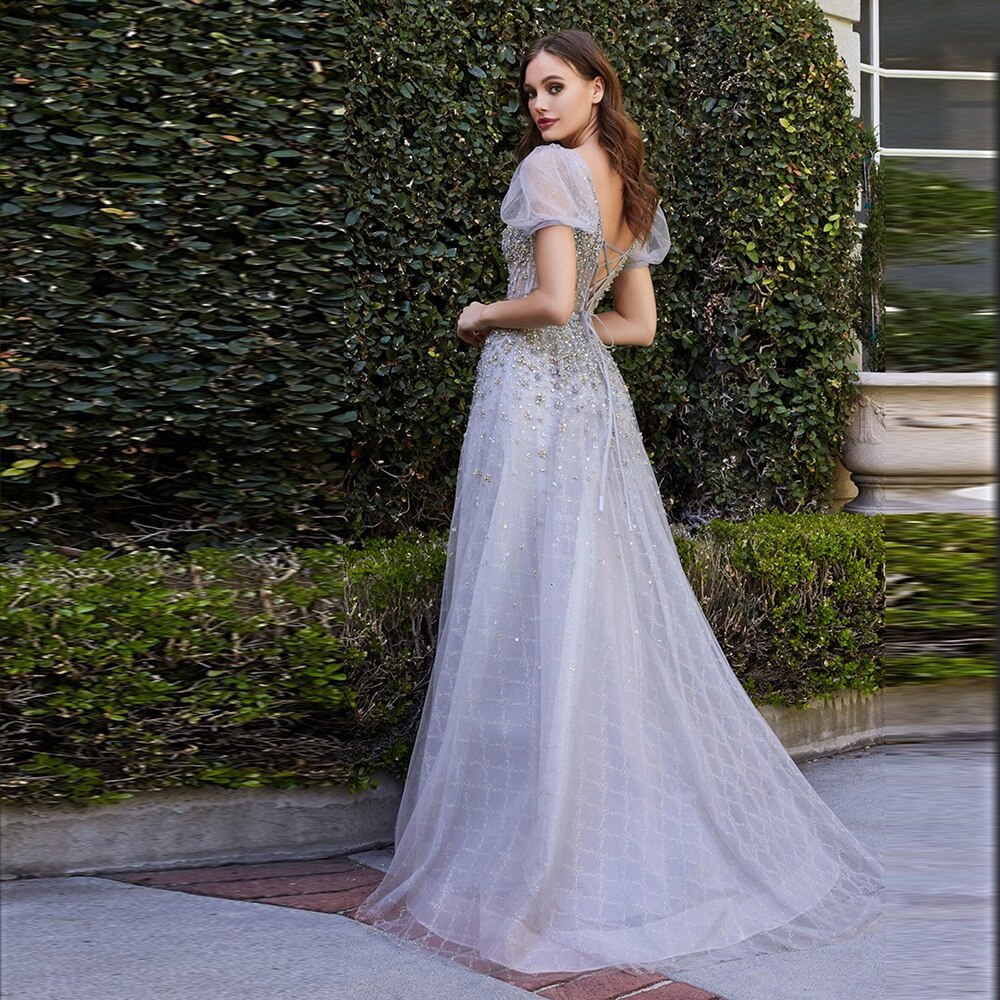 Dreamy Vow Elegant Silver Gray Evening Dresses Luxury 2023 Celebrity Dubai Puff Sleeves Long Women Wedding Party Gowns 281