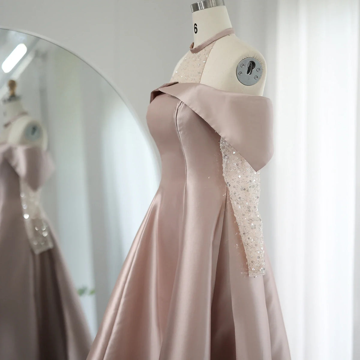Dreamy Vow Elegant Khaki Satin High Low Dubai Evening Dress for Wedding Party Halter Arabic Women Midi Formal Guest Gowns F 058