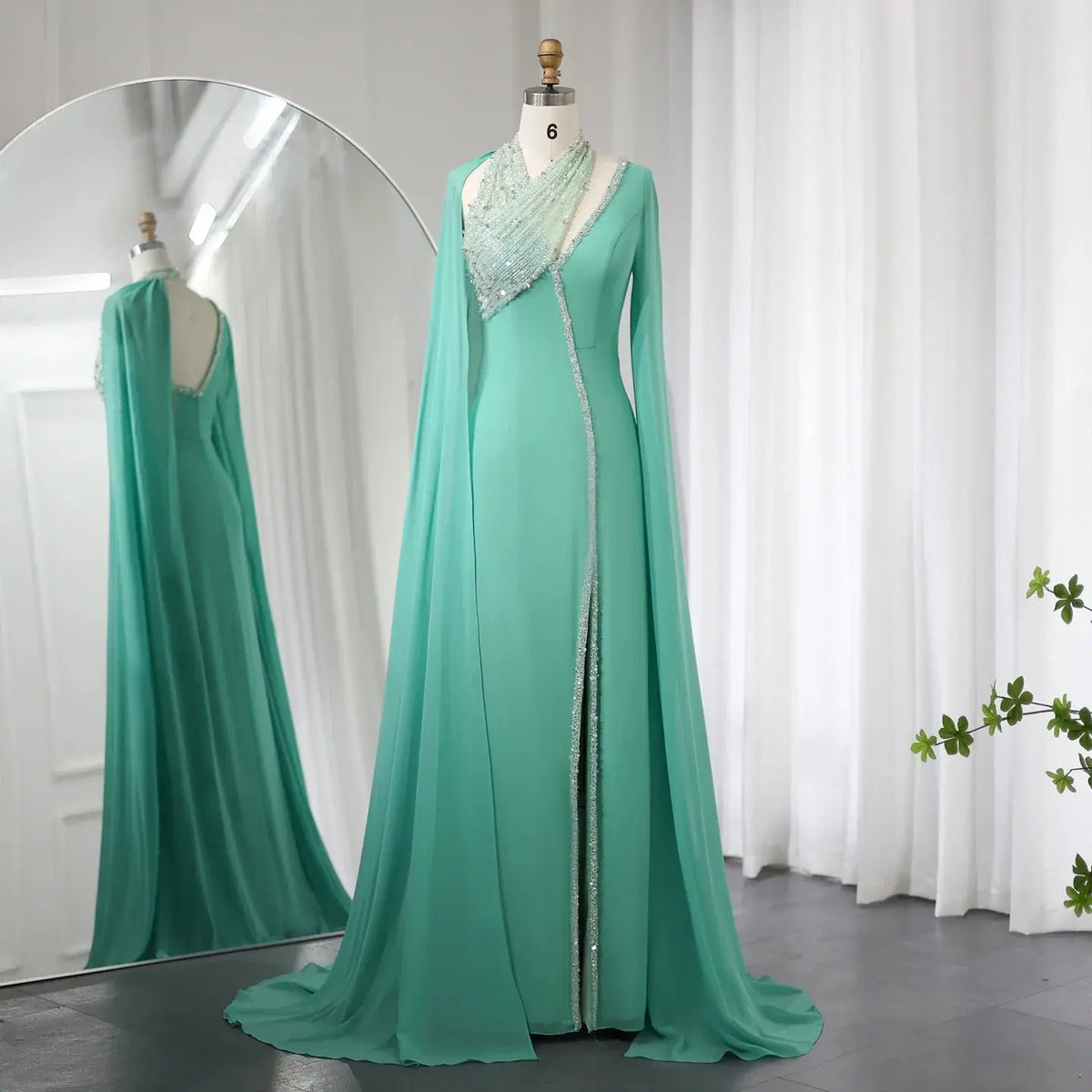 Luxury Green Halter Evening Dress with Cape Sleeves SS474 Luxury Green Halter Evening Dress with Cape Sleeves SS474