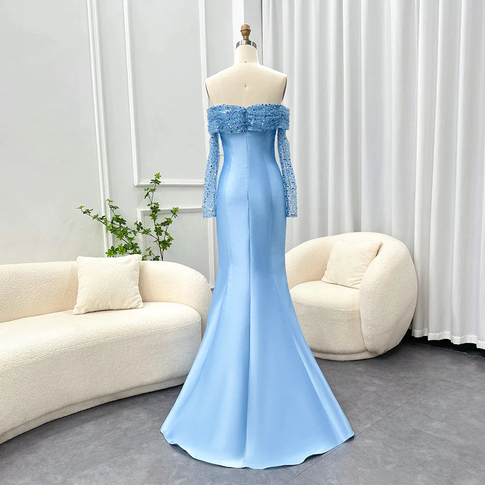 Dreamy Vow Elegant Off Shoulder Blue Arabic Evening Dress for Women Wedding Party Long Sleeves Dubai Formal Prom Gowns 079