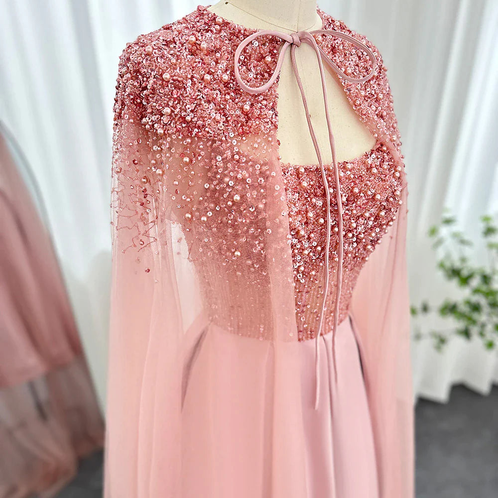 Luxury Blush Pink Ankle Length Evening Dress with Cape S392 SHARONSAID