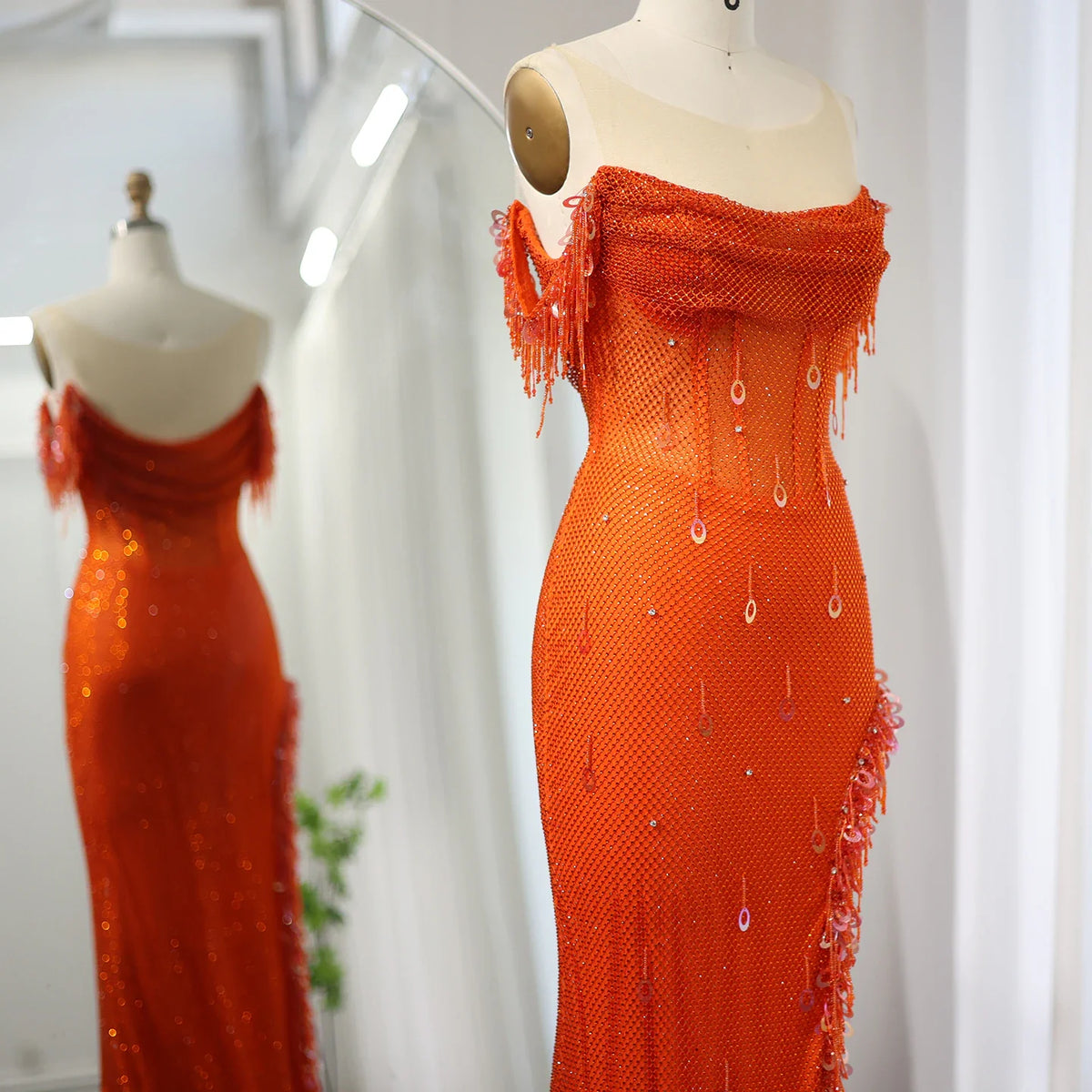 Dreamy Vow Luxury Crystal Dubai Sage Green Evening Dresses Orange Arabic High Slit Prom Dress for Women Wedding Party 382