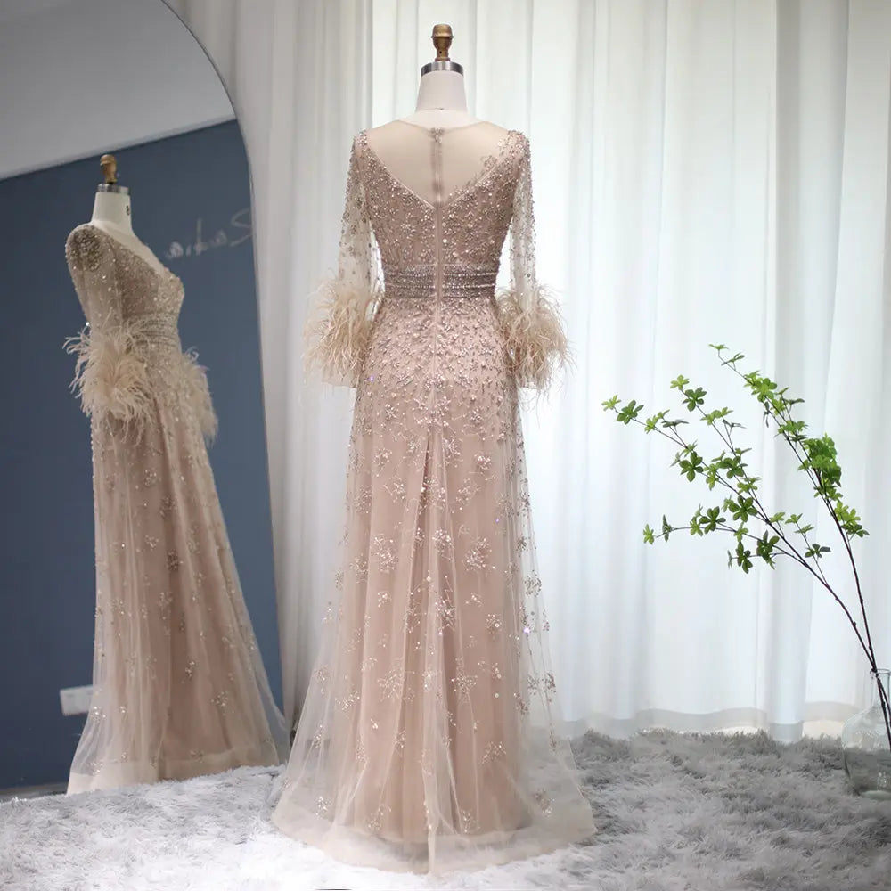 Luxury Champagne Feathers Long Sleeves Evening Dress SS101 Luxury Champagne Feathers Long Sleeves Evening Dress SS101
