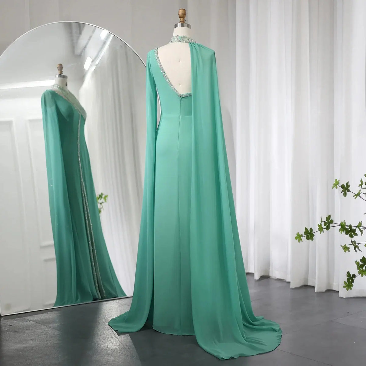 Luxury Green Halter Evening Dress with Cape Sleeves SS474 Luxury Green Halter Evening Dress with Cape Sleeves SS474
