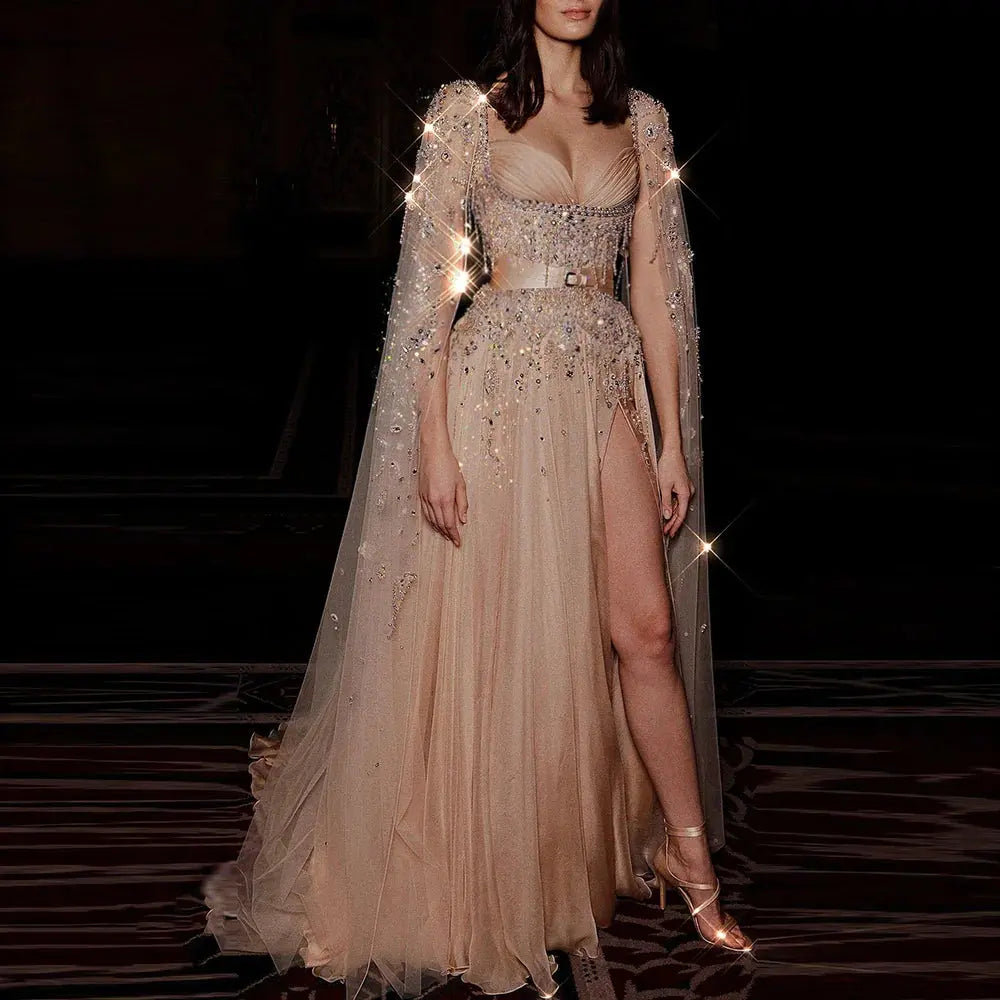 champagne celebrity dresses Champagne Long Sleeved Prom Dress Elegant Off Shoulder Embroidered Celebrity Red Carpet Gown Zipper Long A-line Party Vestido