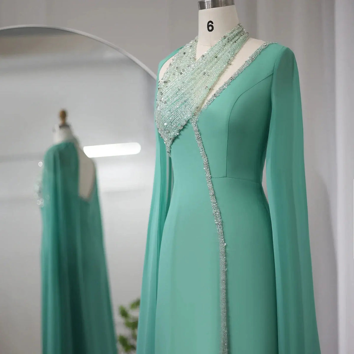 Luxury Green Halter Evening Dress with Cape Sleeves SS474 Luxury Green Halter Evening Dress with Cape Sleeves SS474