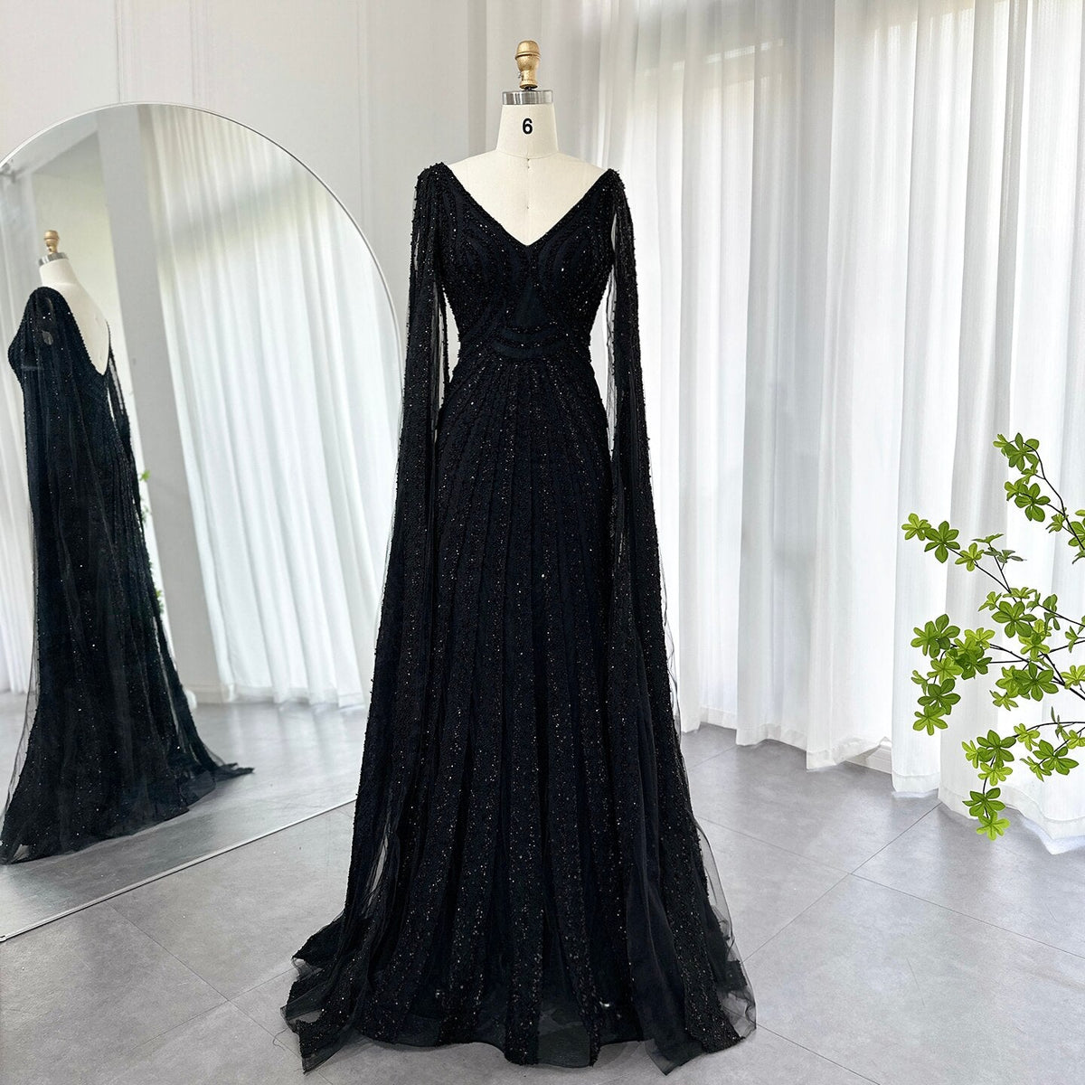 Dreamy Vow Black Arabic Mermaid Evening Dresses with Cape Sleeves 2023 Luxury Beaded Dubai For Women Wedding Party Gowns 218