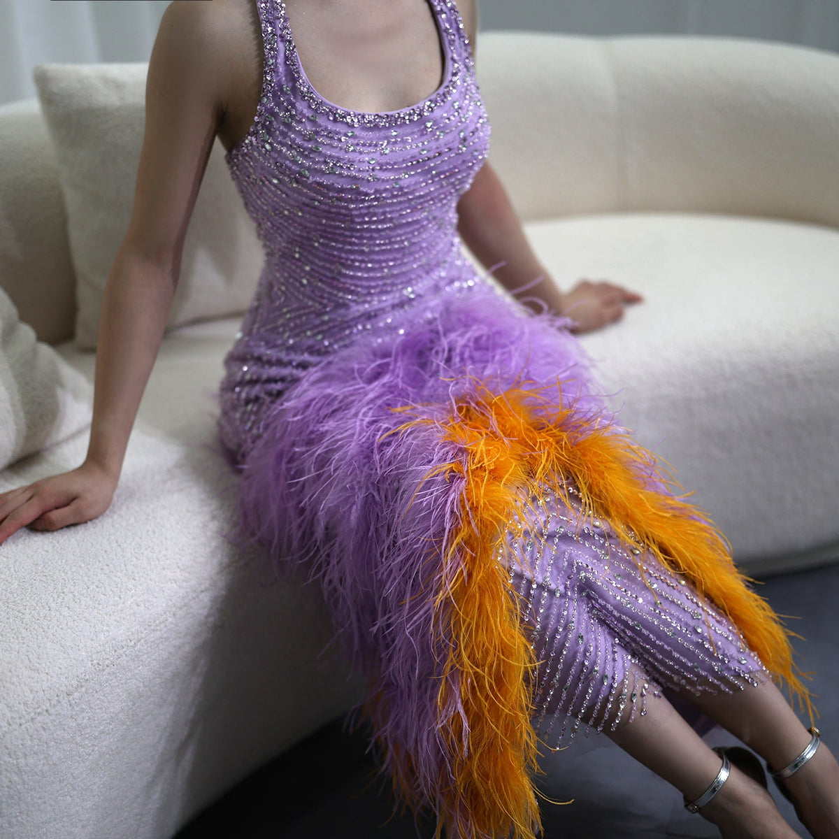 Dreamy Vow Luxury Feathers Lilac Evening Dresses Elegant Halter Mermaid Women Wedding Party Prom Gowns 473