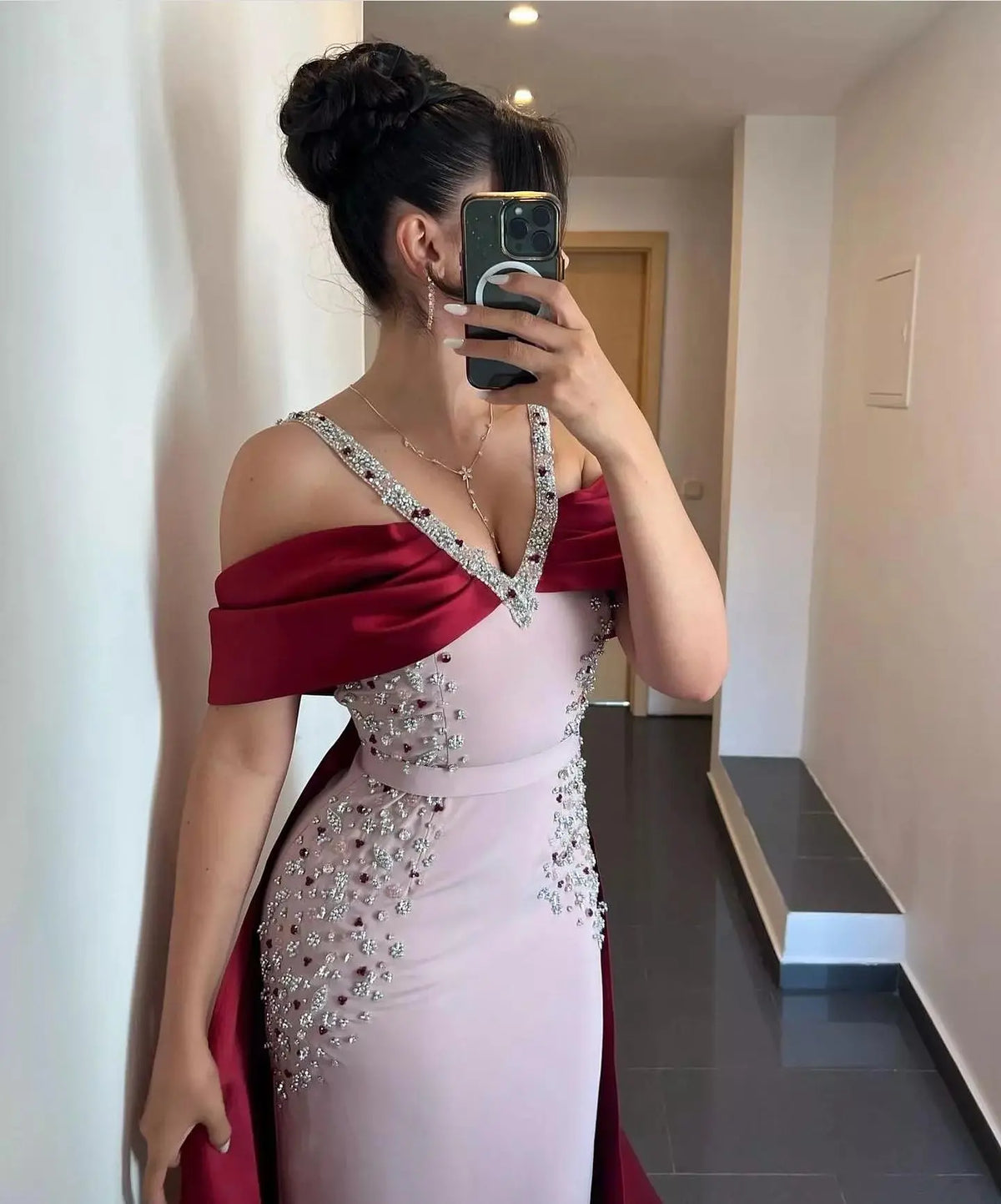 Luxury Pink Mermaid Evening Dress with Burgundy Cape SS446 - SHARONSAID Luxury Pink Mermaid Evening Dress with Burgundy Cape SS446 - SHARONSAID