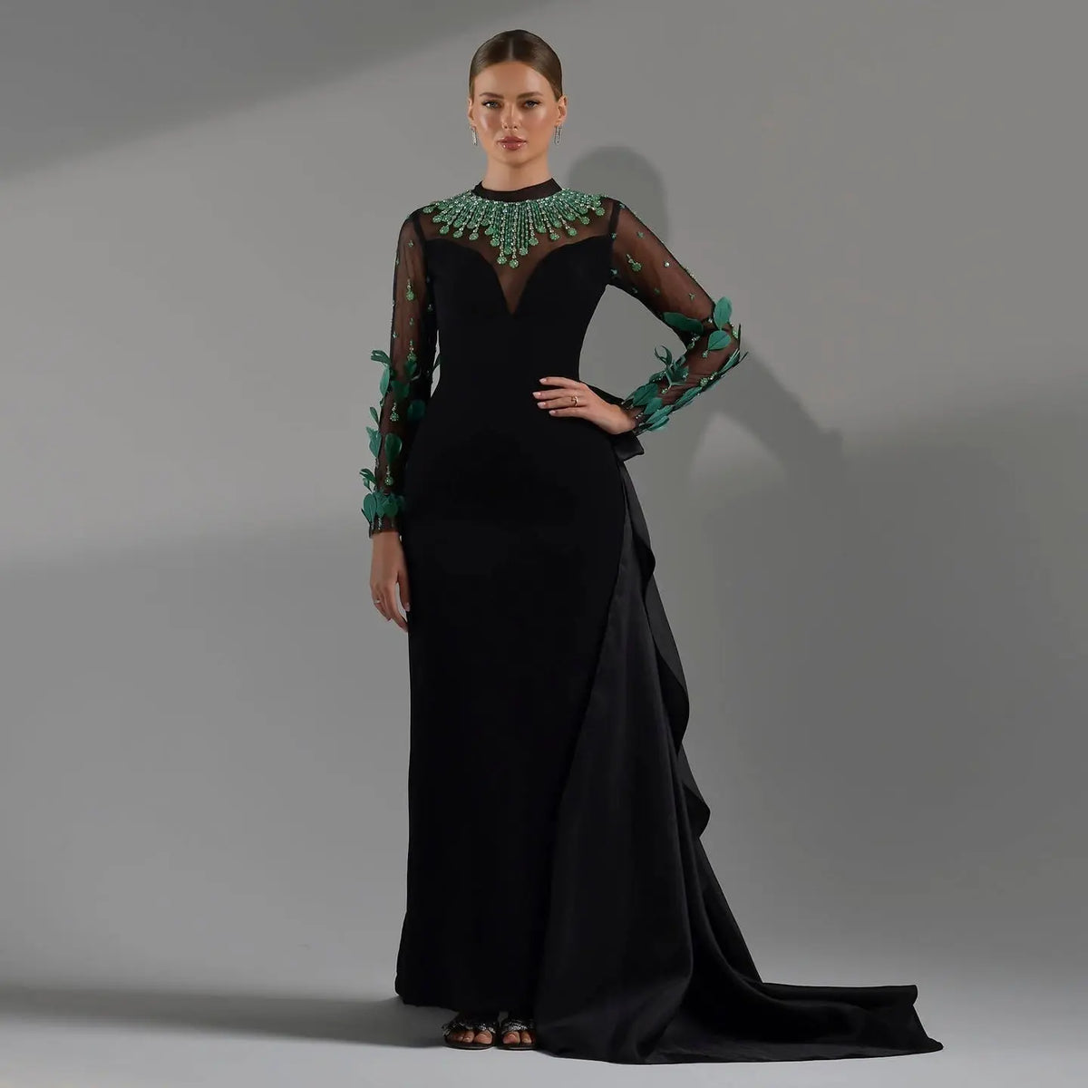 Luxury Feathers Black Long Sleeves Evening Dress SS457 - SHARONSAID Luxury Feathers Black Long Sleeves Evening Dress SS457 - SHARONSAID