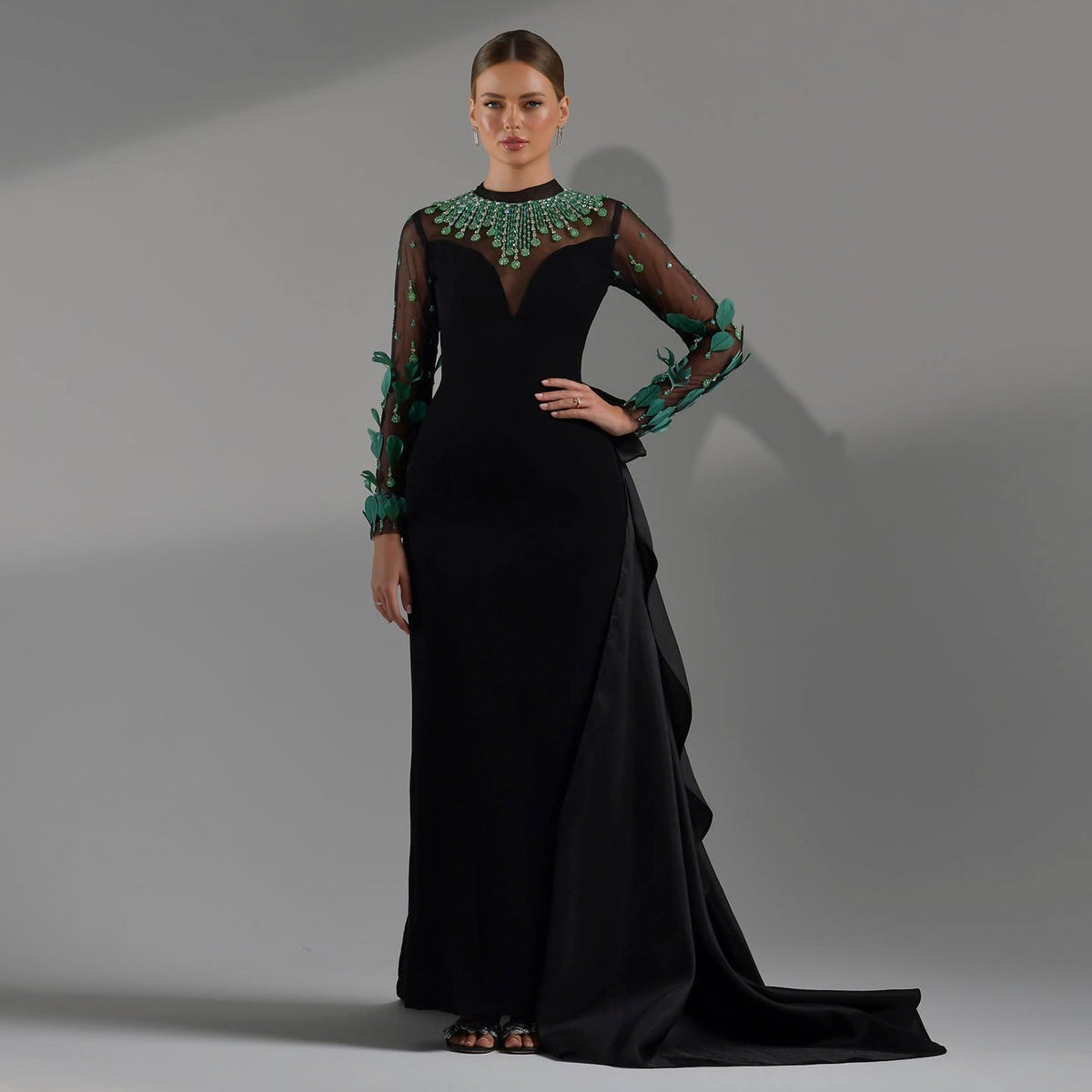Sharon Said Luxury Dubai Emerald Green Feathers Black Evening Dress Long Sleeves Saudi Arabia Women Formal Party Gowns SS457