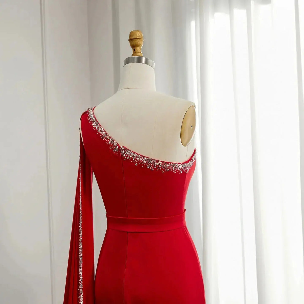 Final Sale Red One-Shoulder Mermaid Evening Dress with Cape Sleeve SS384 Final Sale Red One-Shoulder Mermaid Evening Dress with Cape Sleeve SS384