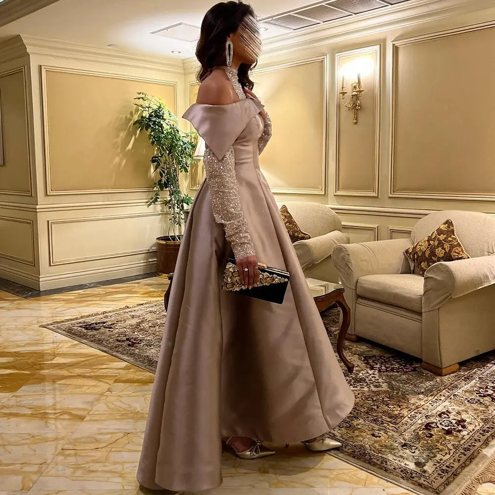 Elegant Khaki Satin Off-Shoulder High Low Evening Dress SF058L Elegant Khaki Satin Off-Shoulder High Low Evening Dress SF058L