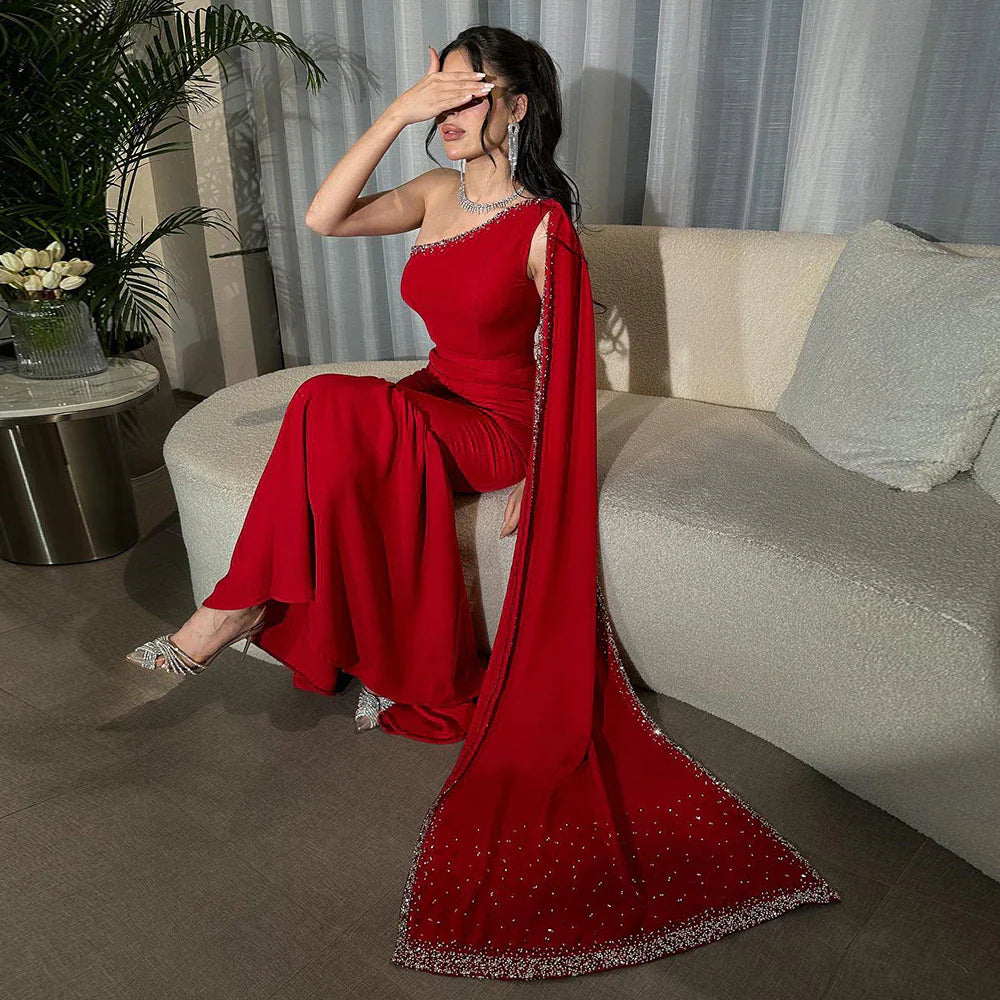 Dreamy Vow Arabic Burgundy One Shoulder Evening Dress with Cape Sleeve Women for Wedding Luxury Dubai Formal Party Gowns 384
