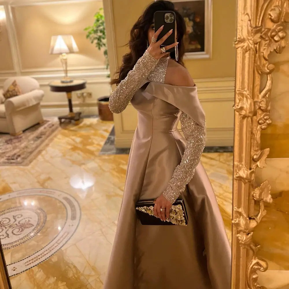 Elegant Khaki Satin Off-Shoulder High Low Evening Dress SF058L Elegant Khaki Satin Off-Shoulder High Low Evening Dress SF058L