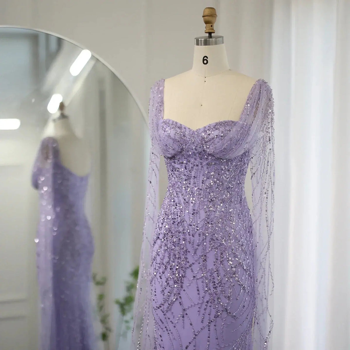 Luxury Lilac Mermaid Evening Dress with Cape Sleeves SS237