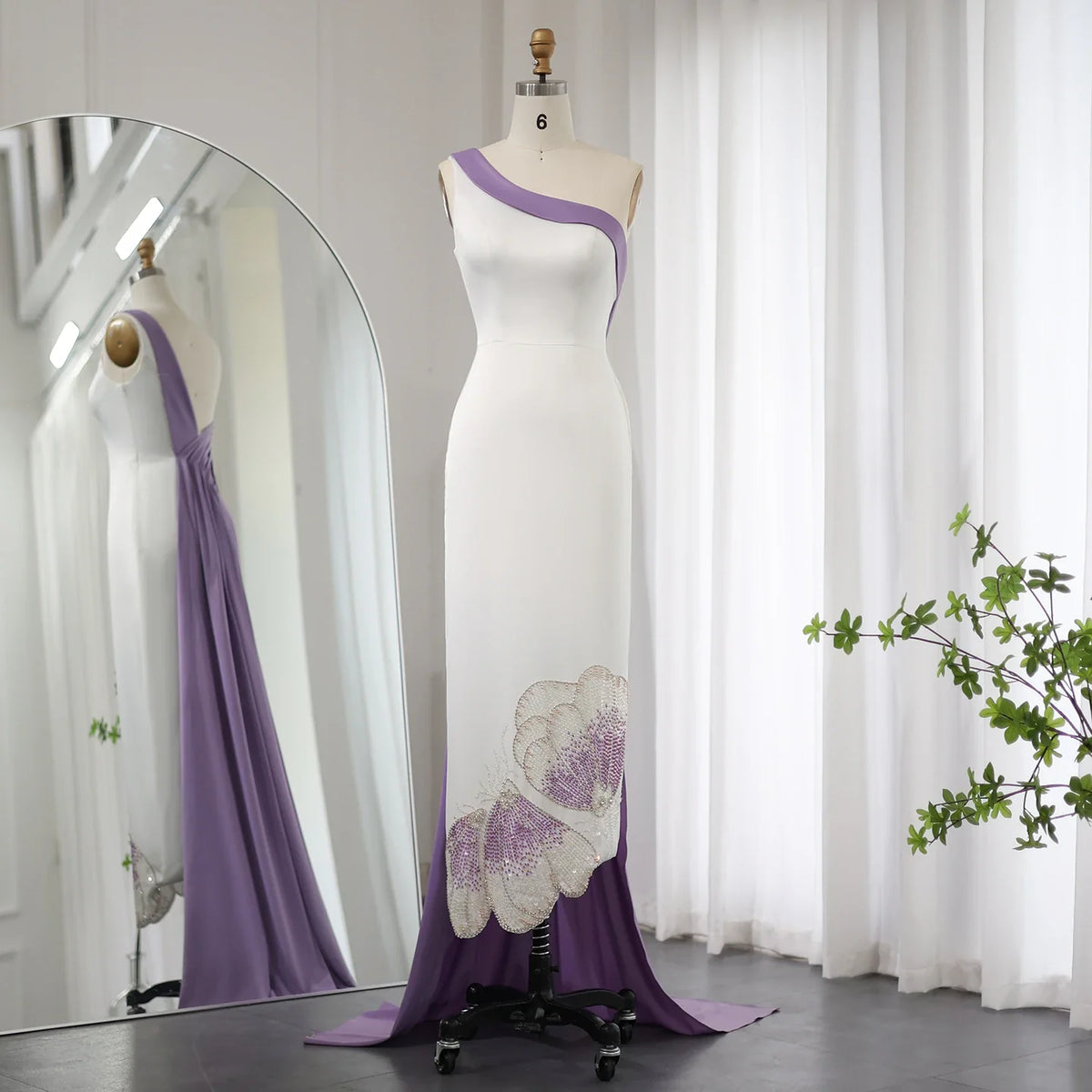 Dreamy Vow White Lilac Butterfly Luxury Evening Dresses for Women Wedding Arab One Shoulder Midi Formal Party Dress 475