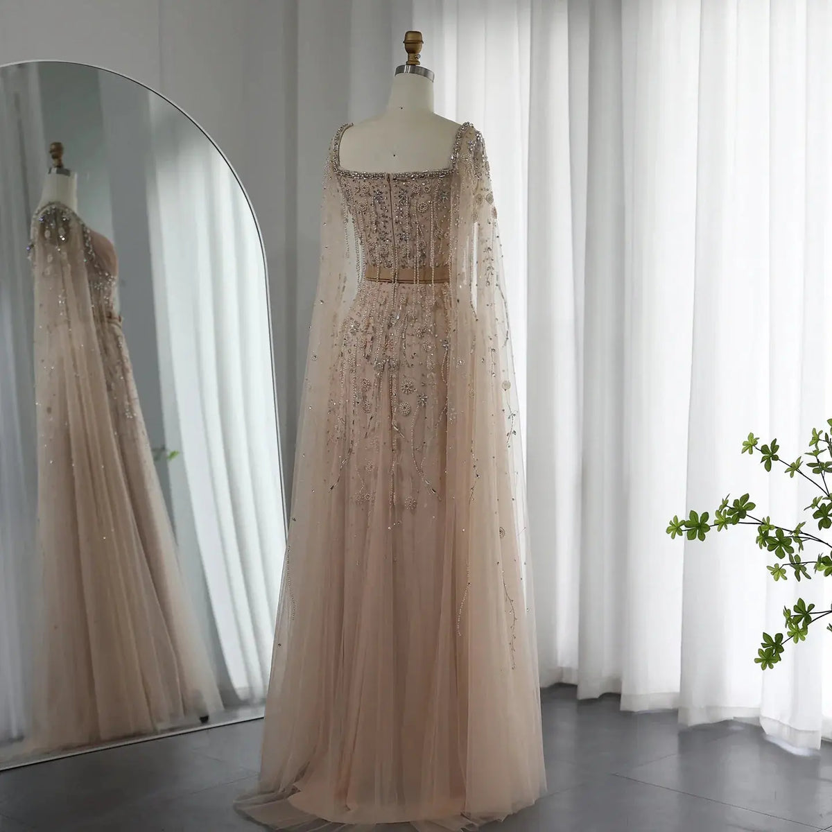 Champagne Tassel Slit Evening Dress with Cape Sleeves SS376 Champagne Tassel Slit Evening Dress with Cape Sleeves SS376