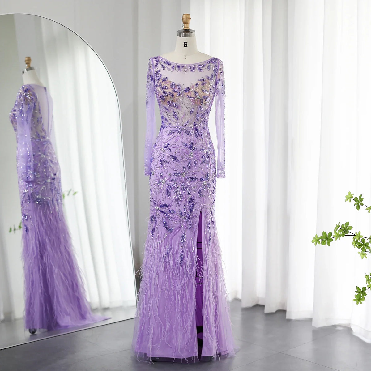 Sharon Said Dubai Lilac Luxury Feathers Evening Dresses for Women Wedding Elegant Long Sleeves Mermaid Prom Party Gowns SS189