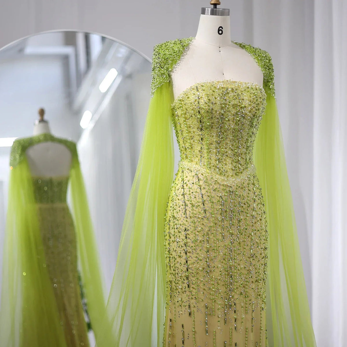 Luxury Beaded Lime Green Evening Dress with Cape Sleeves SS443 SHARONSAID