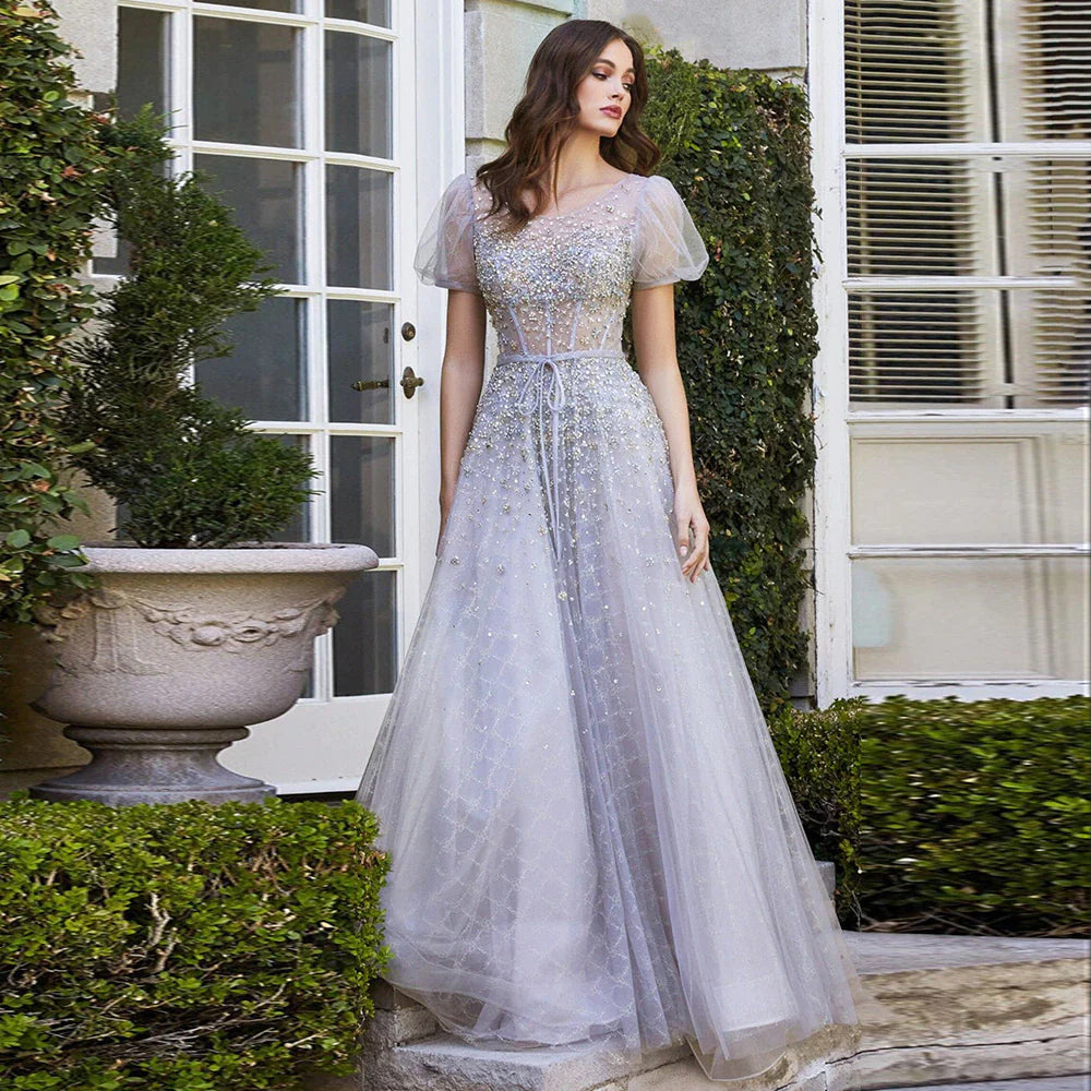Dreamy Vow Elegant Silver Gray Evening Dresses Luxury 2023 Celebrity Dubai Puff Sleeves Long Women Wedding Party Gowns 281