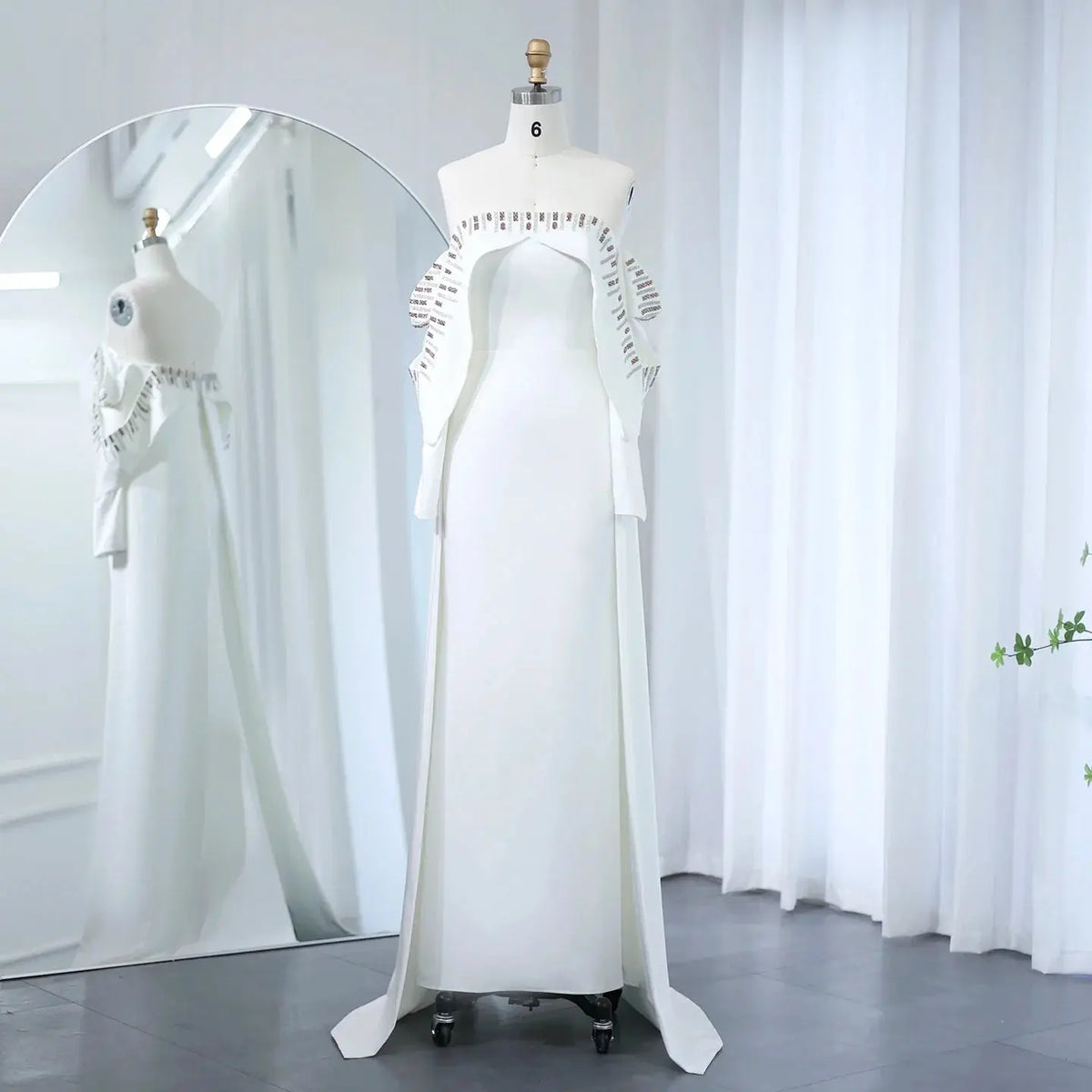 Elegant White Off Shoulder Long Sleeves Evening Dress with Cape SF008 Elegant White Off Shoulder Long Sleeves Evening Dress with Cape SF008