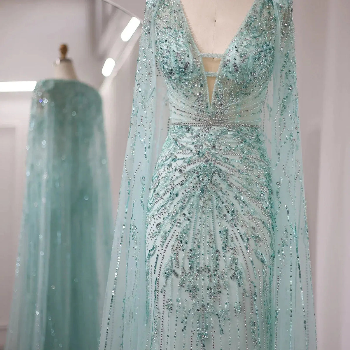 Luxury Turquoise V-Neck Evening Dress with Cape SS397 - SHARONSAID Luxury Turquoise V-Neck Evening Dress with Cape SS397 - SHARONSAID