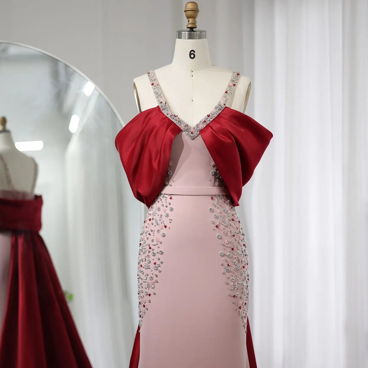 Luxury Pink Mermaid Evening Dress with Burgundy Cape SS446 - SHARONSAID Luxury Pink Mermaid Evening Dress with Burgundy Cape SS446 - SHARONSAID