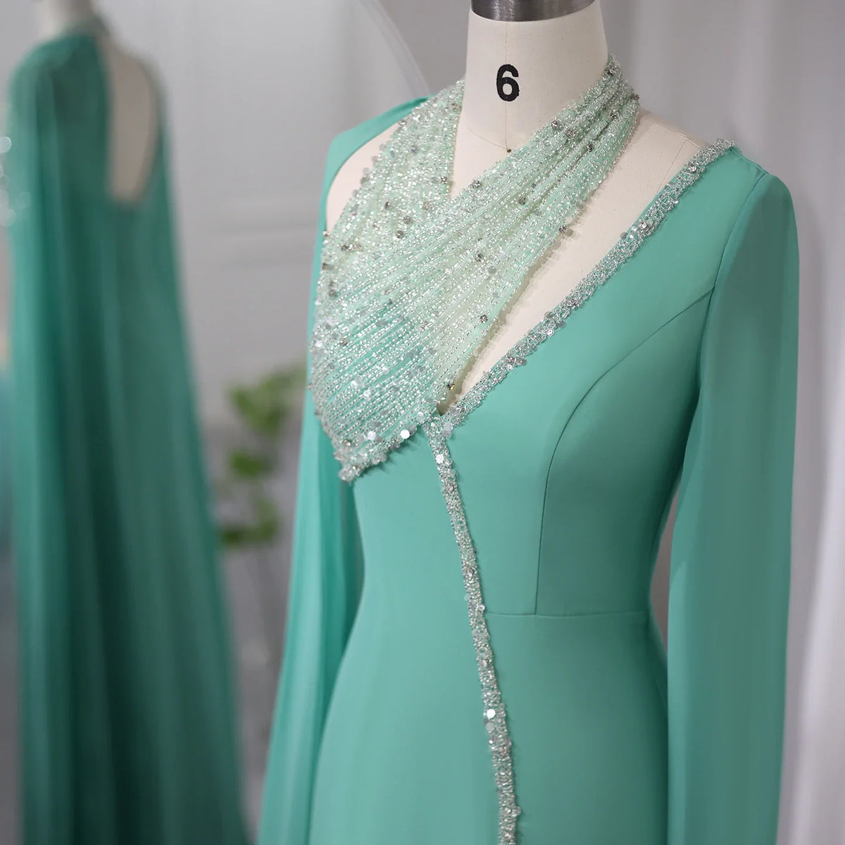 Dreamy Vow Turquoise Green Chiffon Dubai Evening Dress with Cape Sleeves Luxury Beaded Arabic Women Wedding Party Gowns 474
