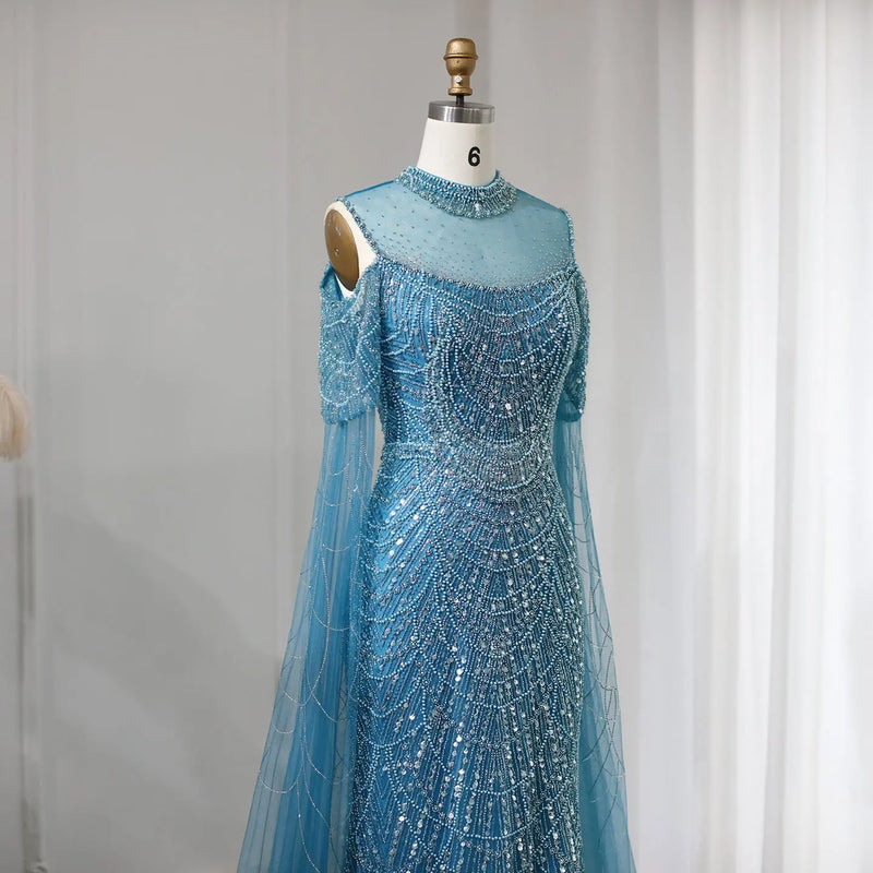 Dreamy Vow Sage Green Mermaid Luxury Dubai Evening Dress with Cape Sleeves Elegant Women Purple Wedding Formal Party Gown 205