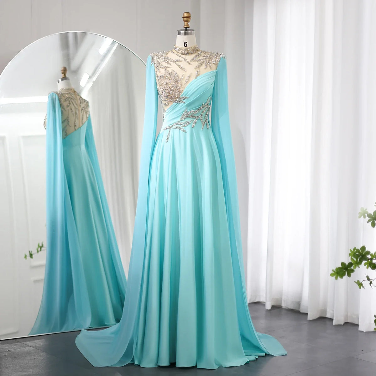Sharon Said Luxury Crystal Turquoise Blue Evening Dress with Cap Sleeves 2024 High Neck Arabic Women Wedding Party Dress SS207