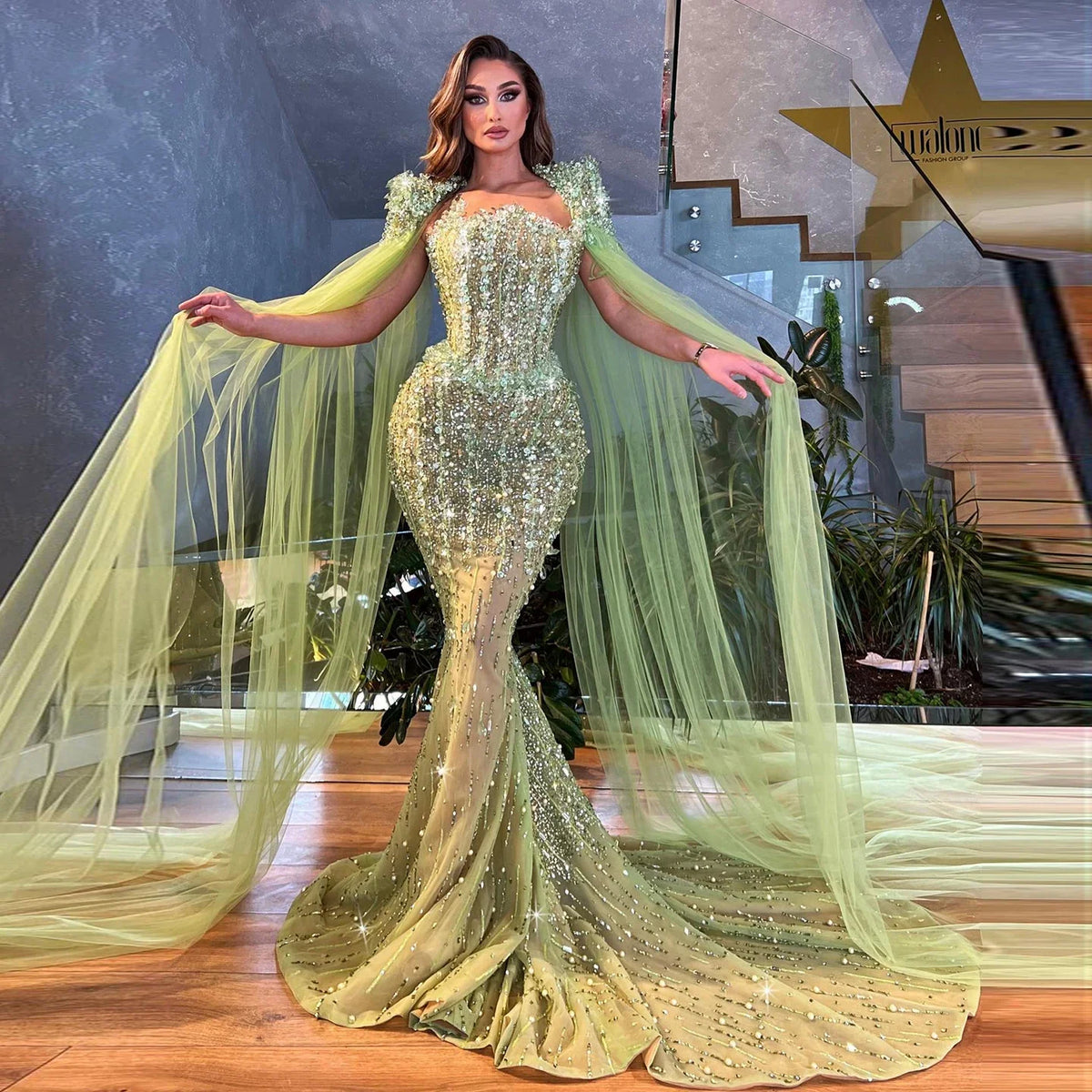 Sharon Said Luxury Beaded Mermaid Lime Green Evening Dress with Cape Sleeves Elegant Arabic Women Wedding Party Prom Dress SS443
