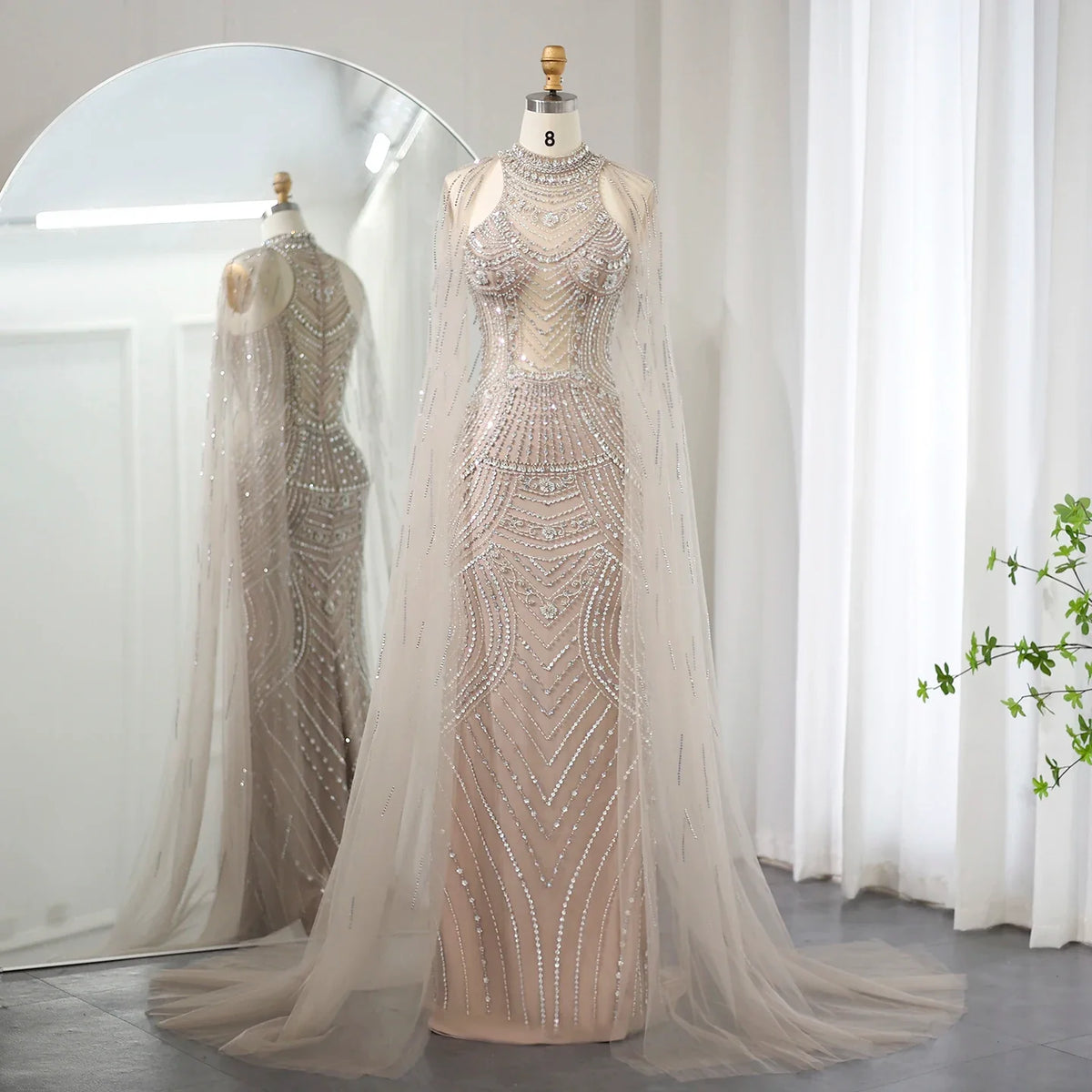 Sharon Said Luxury Dubai Champagne Mermaid Evening Dresses with Cape Sleeves Elegant High Neck Wedding Formal Party Gowns SS230