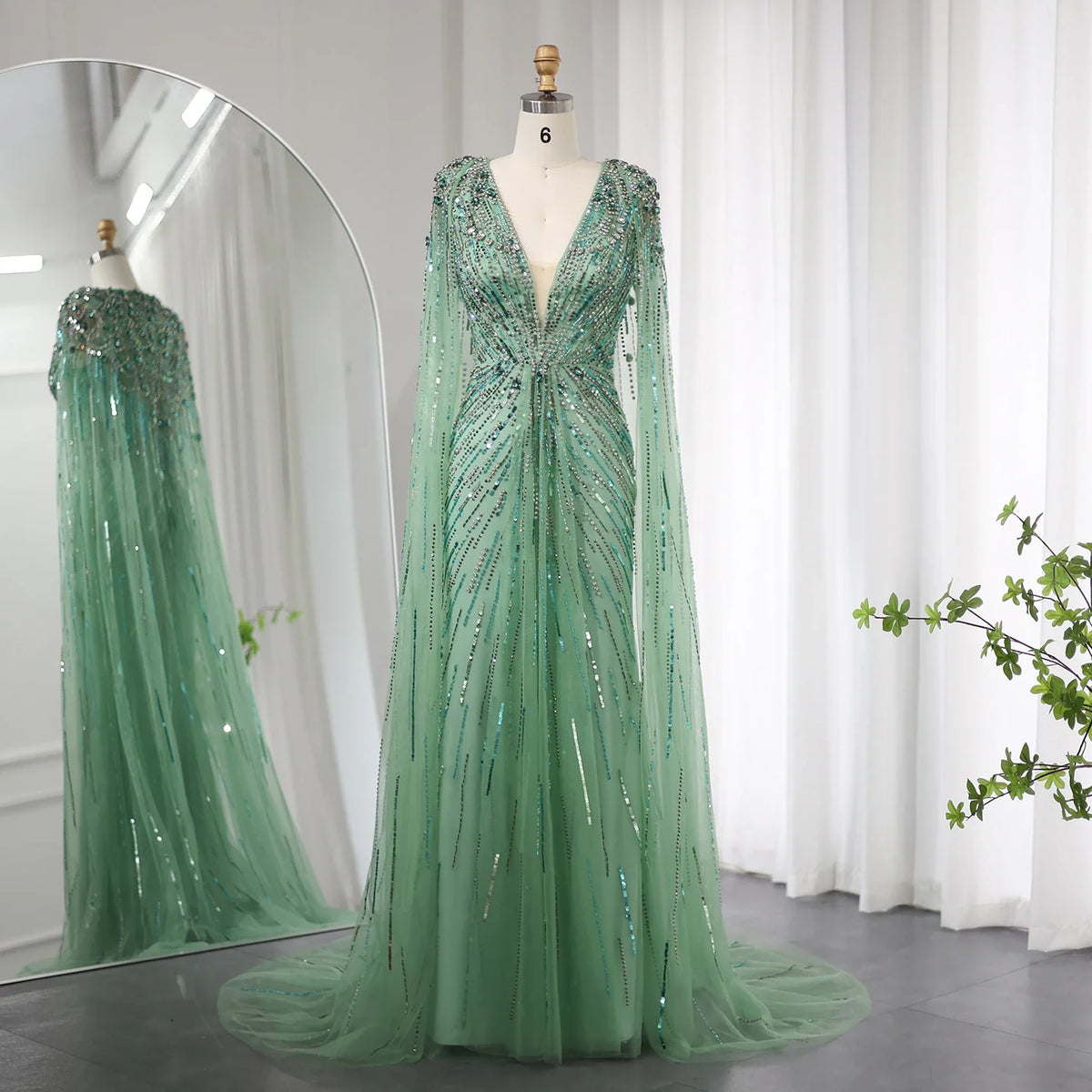 Dreamy Vow Luxury Dubai Sage Green Evening Dresses with Cape Fuchsia Crystal Gold Elegant Women Wedding Formal Party Gown 399