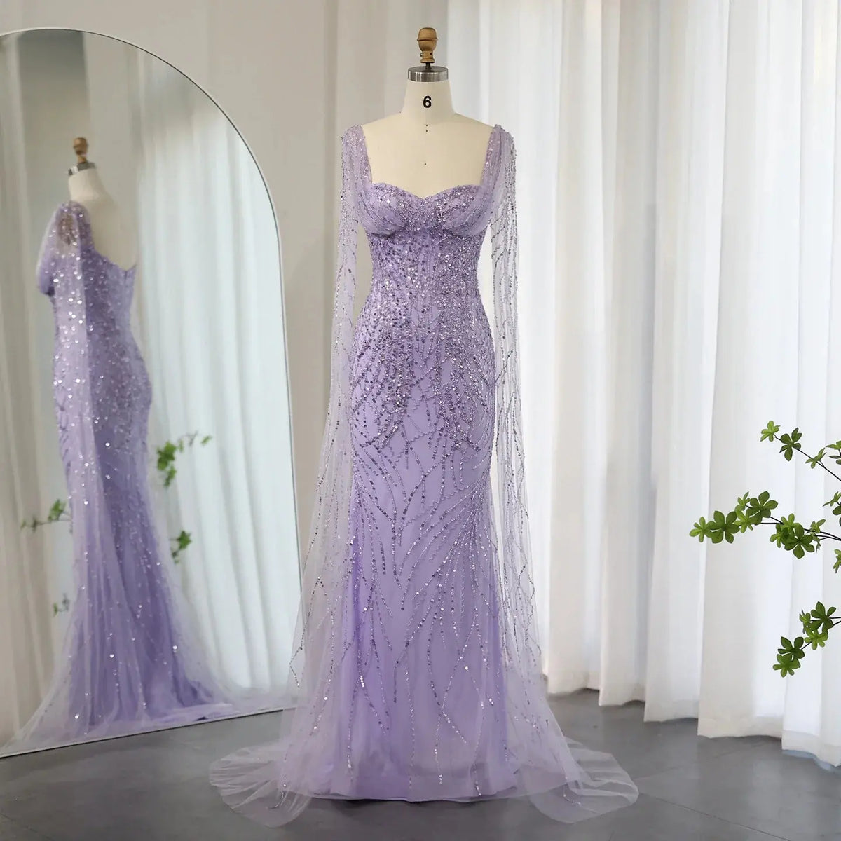 Luxury Lilac Mermaid Evening Dress with Cape Sleeves SS237 - SHARONSAID Luxury Lilac Mermaid Evening Dress with Cape Sleeves SS237 - SHARONSAID