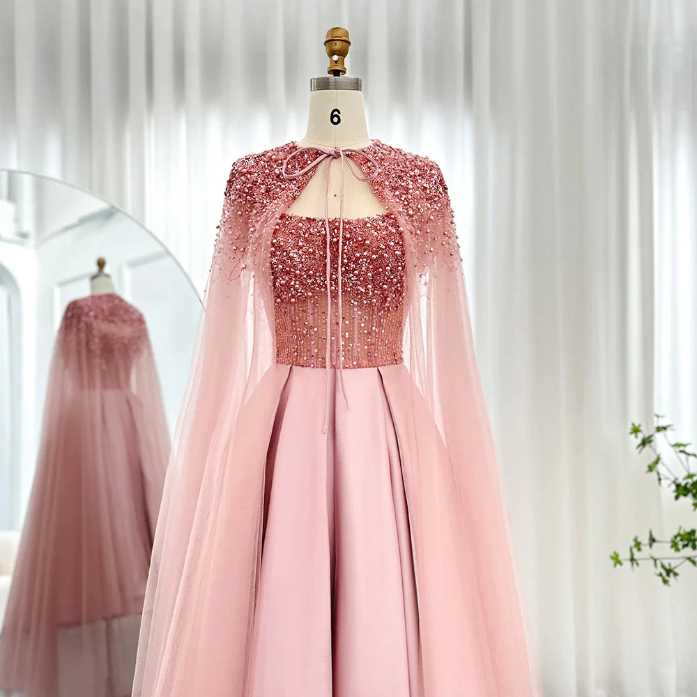 Dreamy Vow Luxury Dubai Blush Pink Arabic Evening Dress with Cape Ankle Length Short Midi Women Wedding Party Dress 392