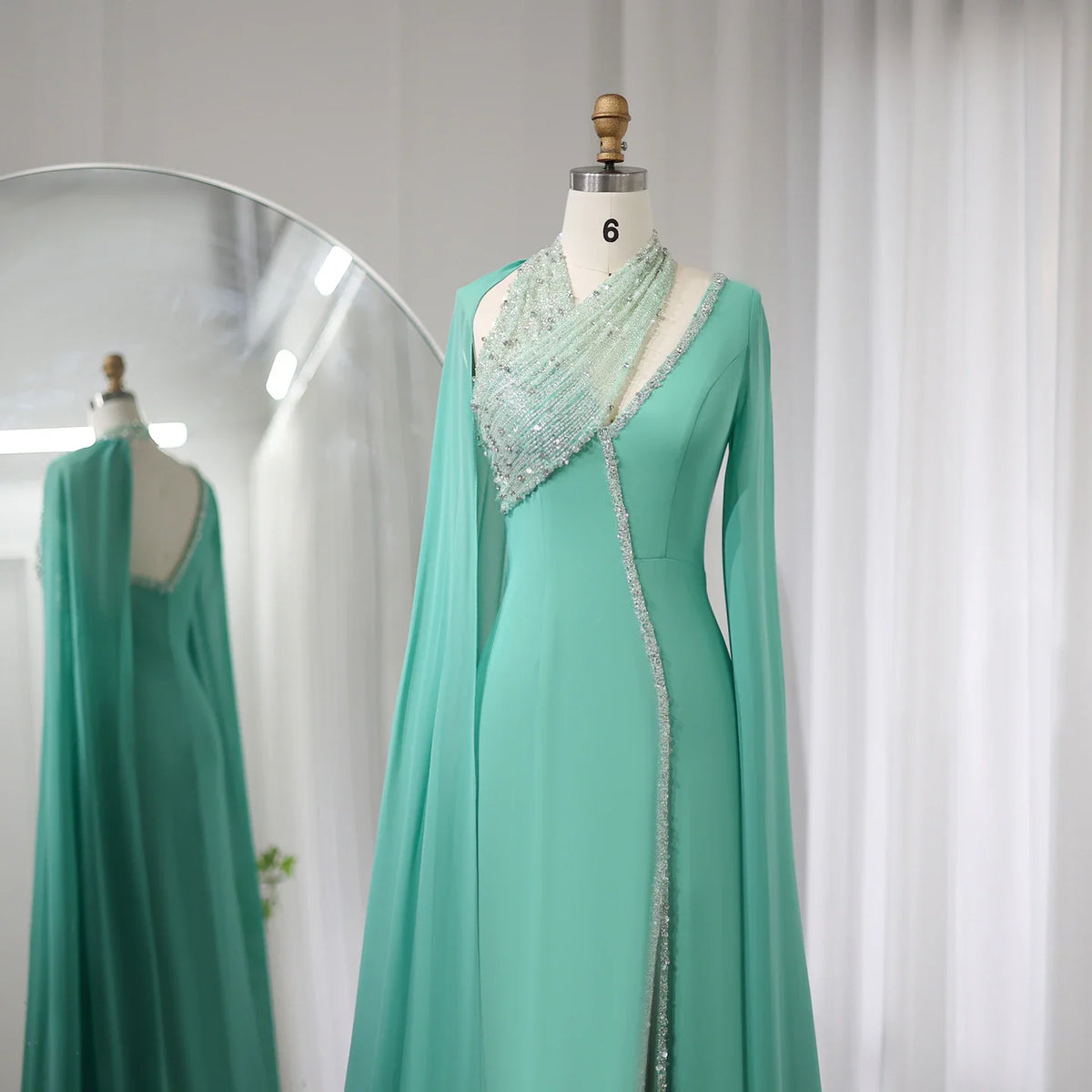 Dreamy Vow Turquoise Green Chiffon Dubai Evening Dress with Cape Sleeves Luxury Beaded Arabic Women Wedding Party Gowns 474