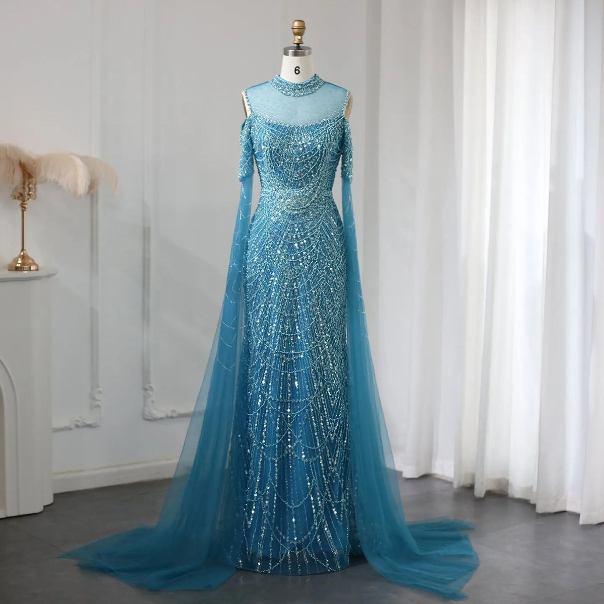 Dreamy Vow Sage Green Mermaid Luxury Dubai Evening Dress with Cape Sleeves Elegant Women Purple Wedding Formal Party Gown 205
