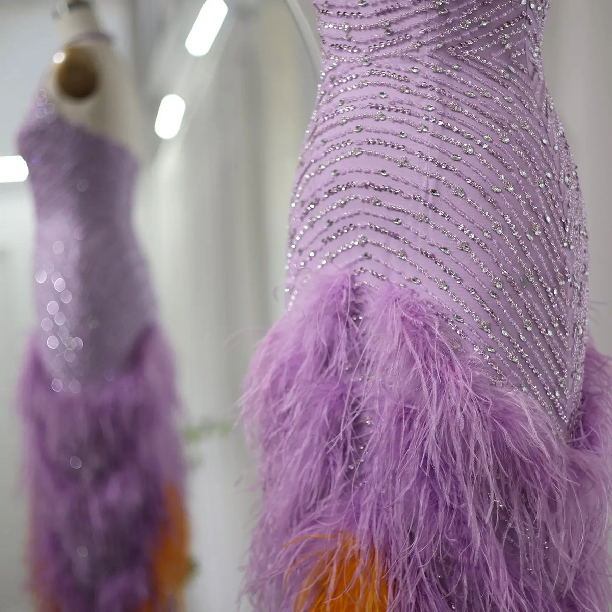 Dreamy Vow Luxury Feathers Lilac Evening Dresses Elegant Halter Mermaid Women Wedding Party Prom Gowns 473
