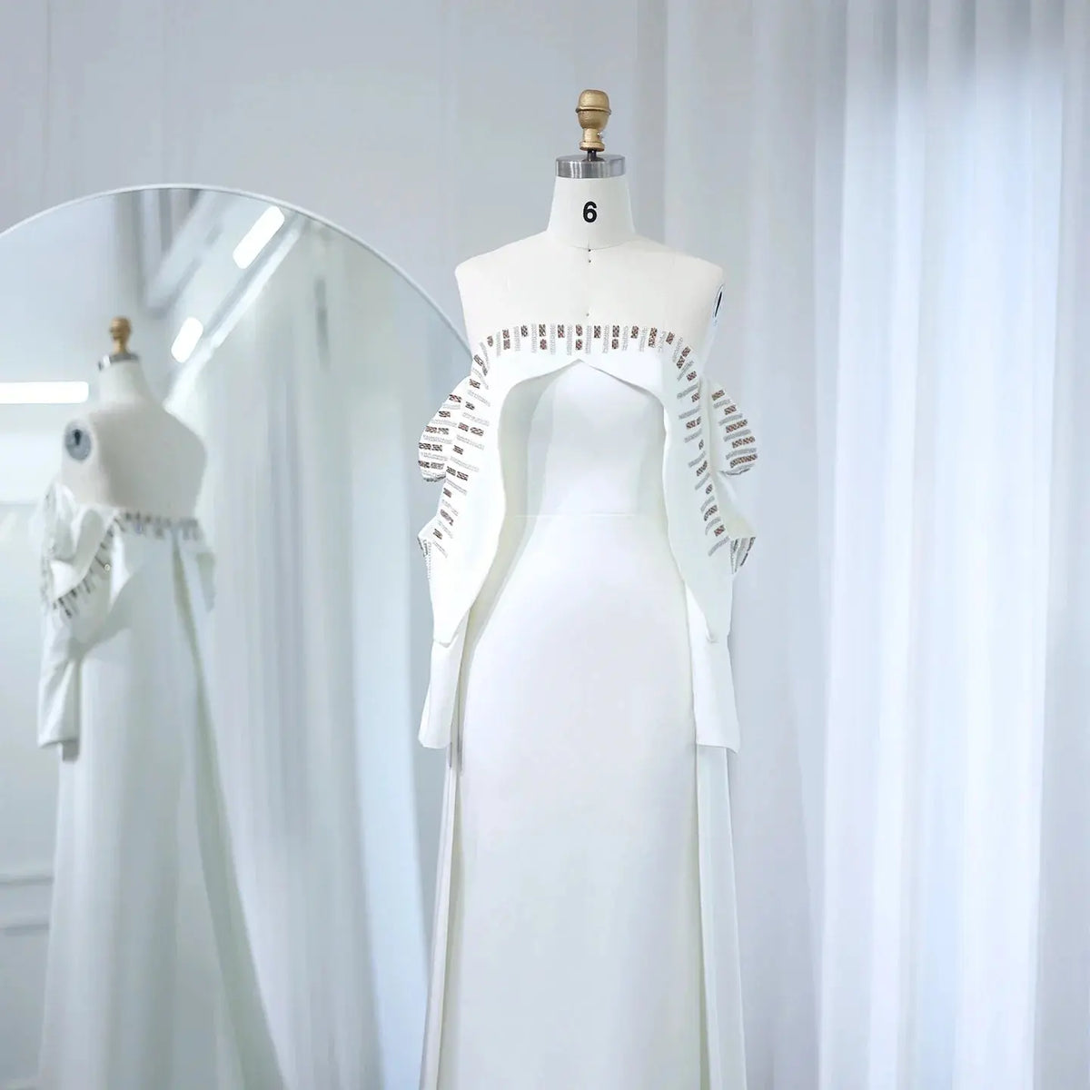 Elegant White Off Shoulder Long Sleeves Evening Dress with Cape SF008