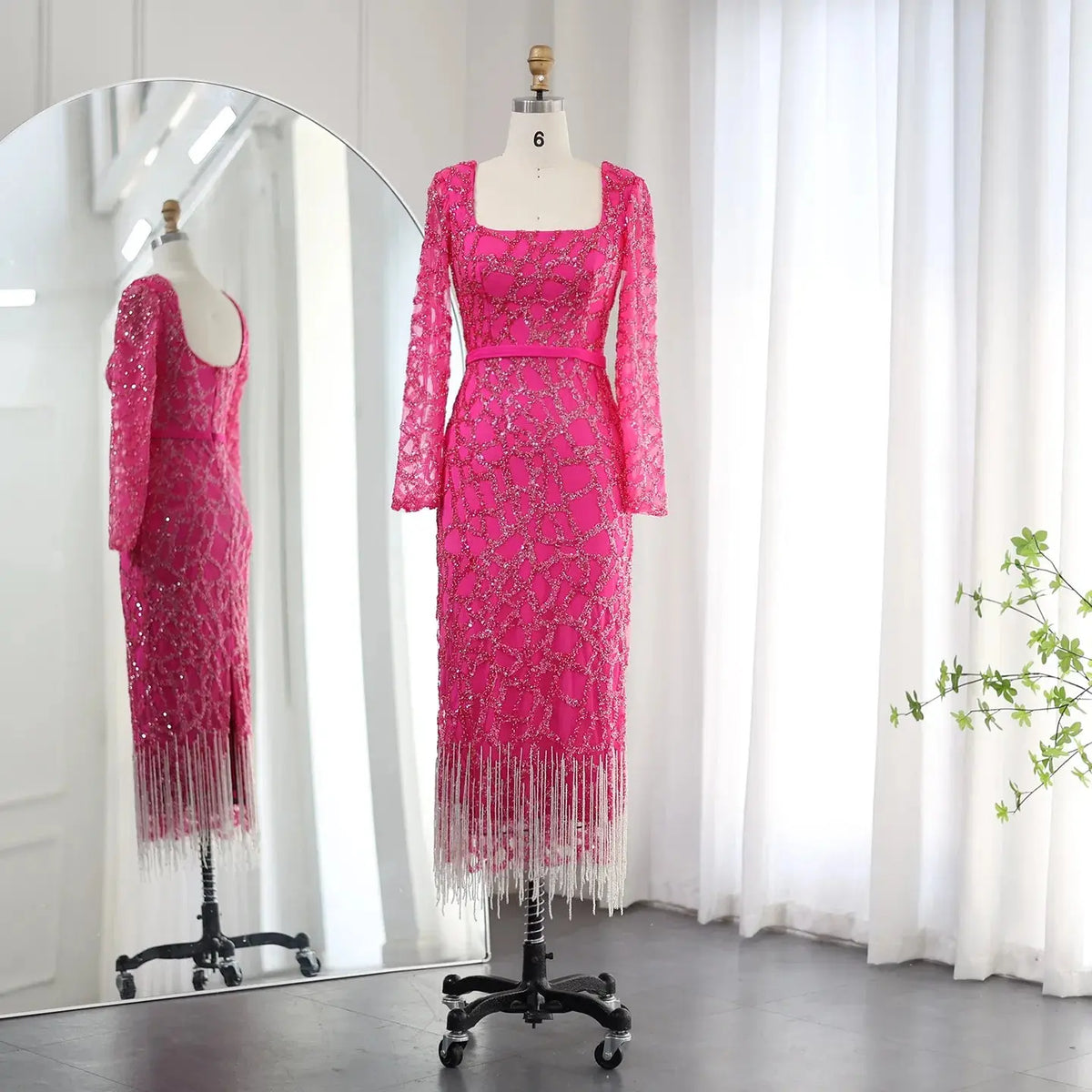 Final Sale Tassel Fuchsia Long Sleeve Evening Dress SS347 Final Sale Tassel Fuchsia Long Sleeve Evening Dress SS347