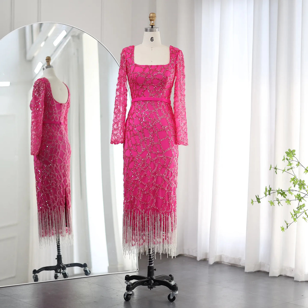 Sharon Said Luxus Dubai Quaste Hot Pink Abendkleider für Frauen Elegante Lange Ärmel Fuchsia Arabische Hochzeitspartykleider SS347
