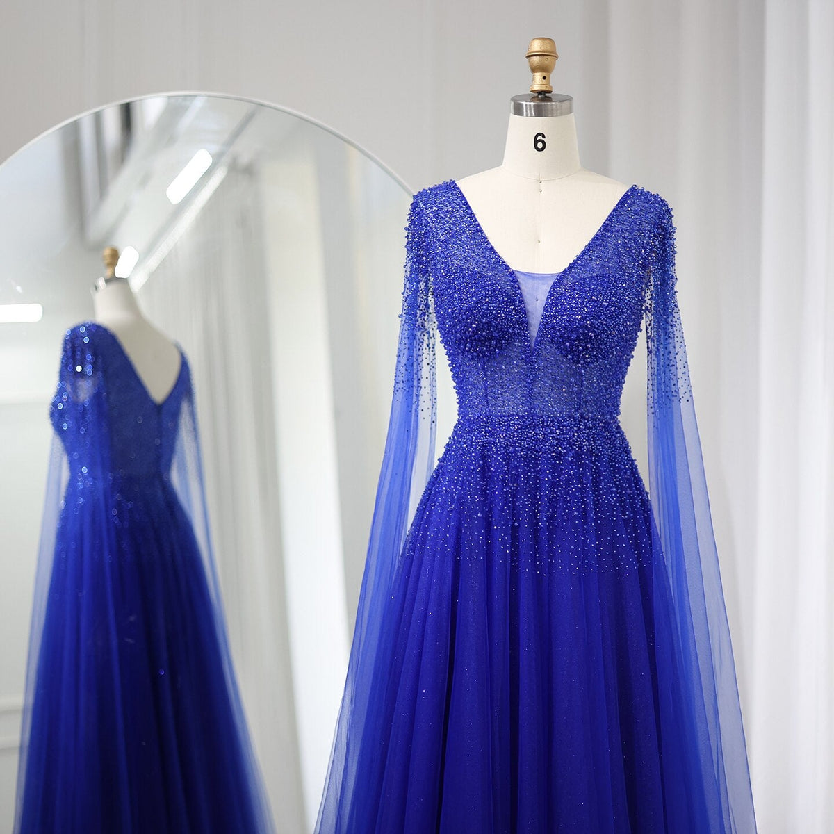 Dreamy Vow Royal Blue Luxury Dubai Evening Dress with Cape Sleeves Elegant Pink V-Neck Purple Women Wedding Party Gowns 012