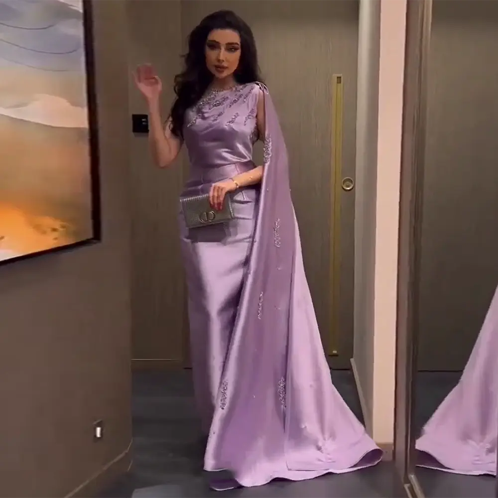 Arabic One Shoulder Lilac Evening Dresses with Cape SF545 - SHARONSAID